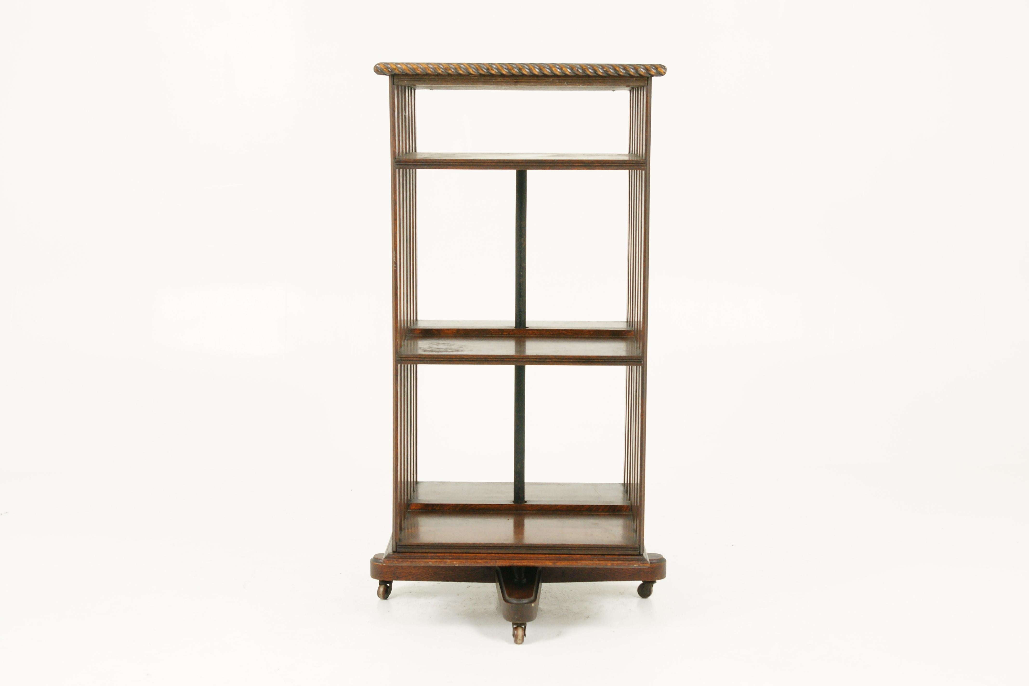Revolving bookcase, antique bookcase, Edwardian, solid oak, Scotland 1910, B1644

Scotland 1910
Solid oak construction with original finish
Rectangular top with pie crust edge
Bookcase has four sections with three tier construction
Vertical slats to