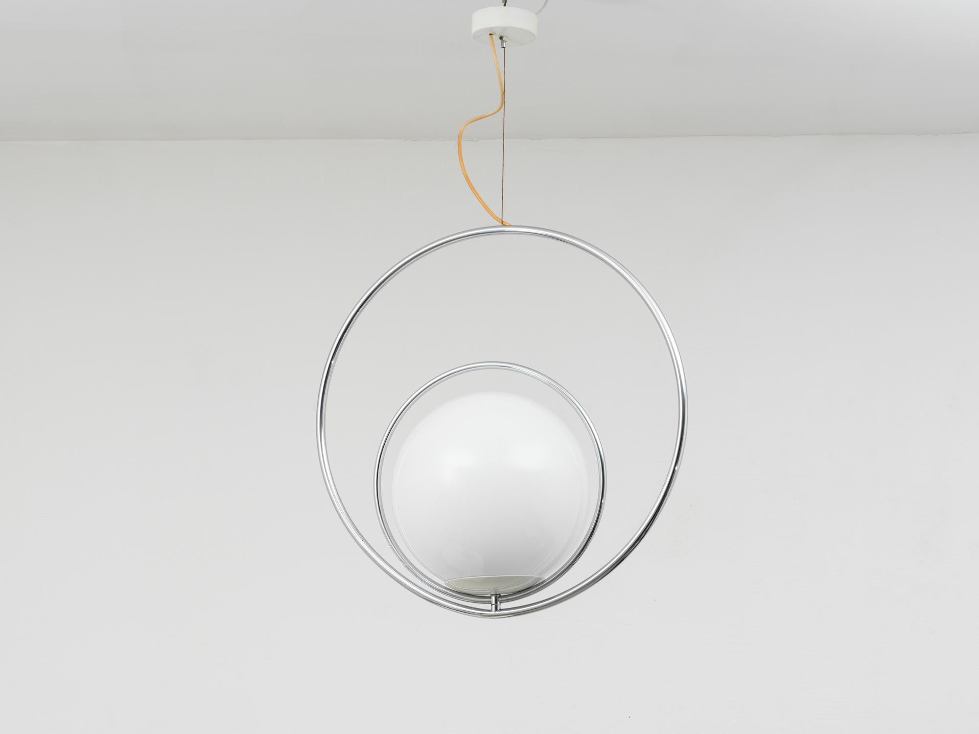 Space Age Revolving Chrome and Opal Glass Pendant Lamp by Pia Guidetti Crippa for Lumi  For Sale