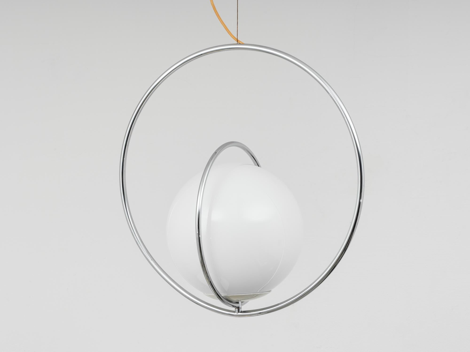 Italian Revolving Chrome and Opal Glass Pendant Lamp by Pia Guidetti Crippa for Lumi  For Sale