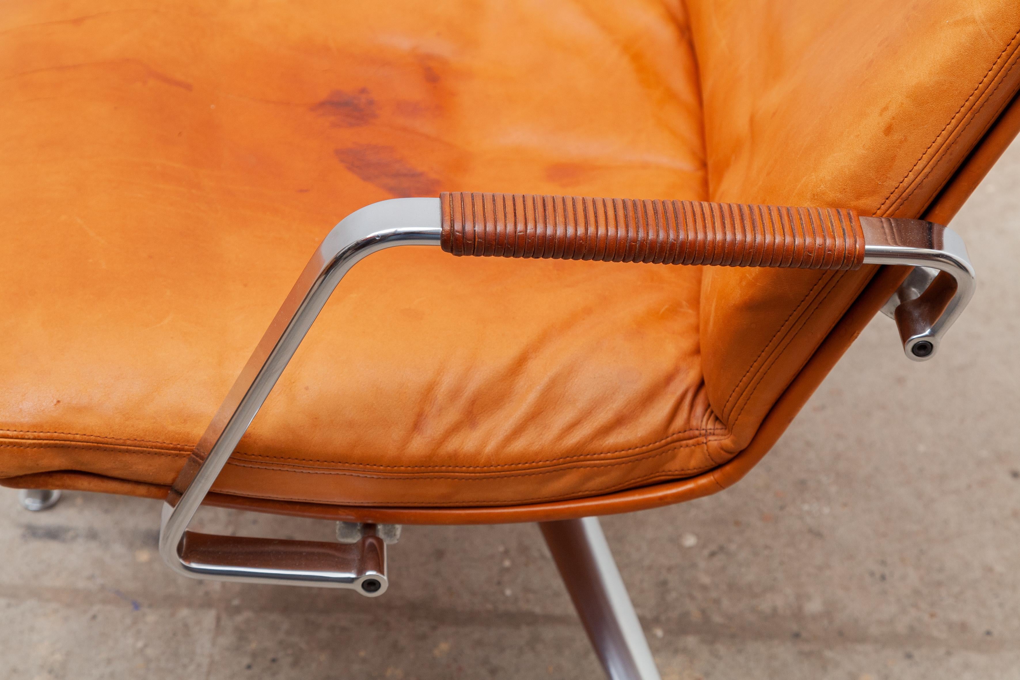 Stainless Steel Revolving Fk 86 Leather Lounge Chair by Preben Fabricius & Jørgen Kastholm 1970s
