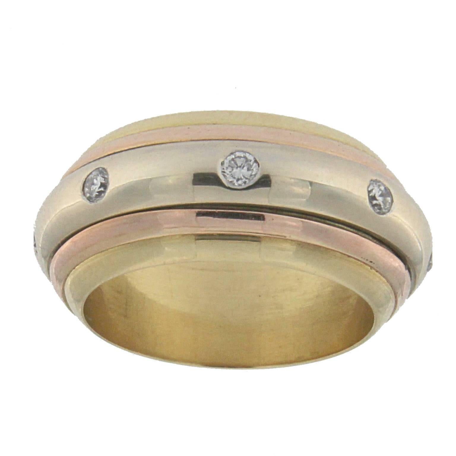 Revolving Ring in Three Colors Gold 18 Karat with White Diamonds For Sale