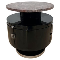Revolving round Art Deco Side Table, Black Lacquer, Marble, France circa 1930