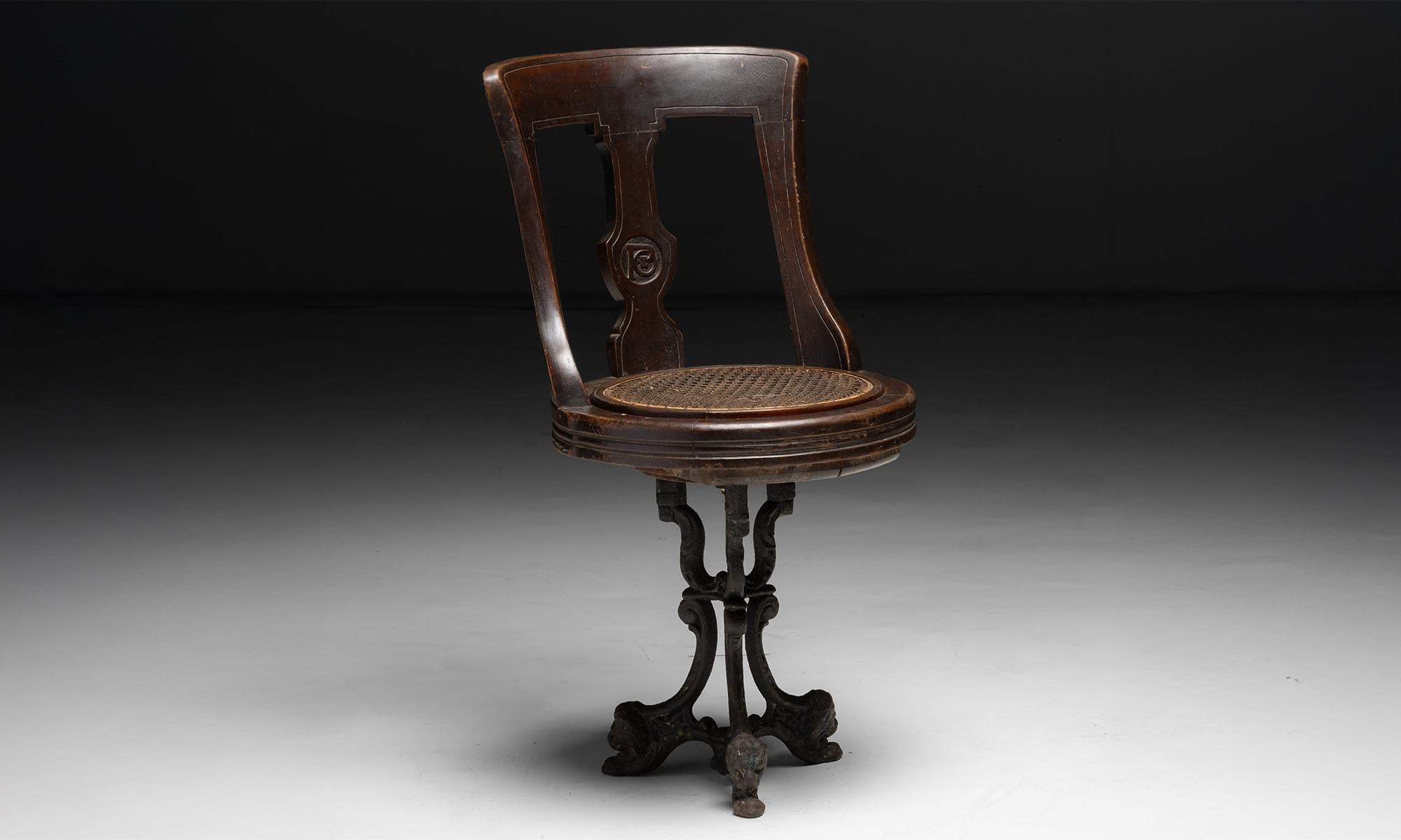 Revolving Ship Chair(s)

England circa 1870

Mahogany seat on cast iron base with three decorative lions heads and P+O Motif carved on the back.

18.5”w x 19”d x 35”h x 19”seat