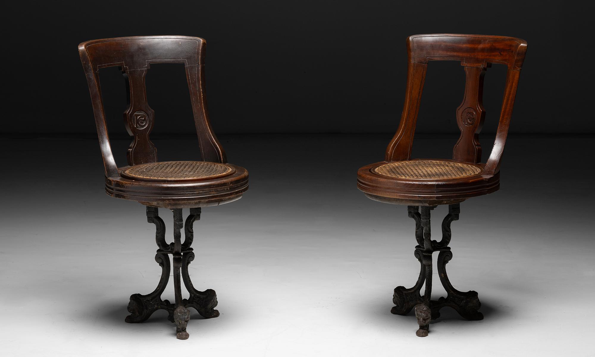 Revolving Ship Chair(s)

England circa 1870

Mahogany seats on cast iron bases with three decorative lions heads and P+O Motif carved on the back.

18.5”w x 19”d x 35”h x 19”seat
