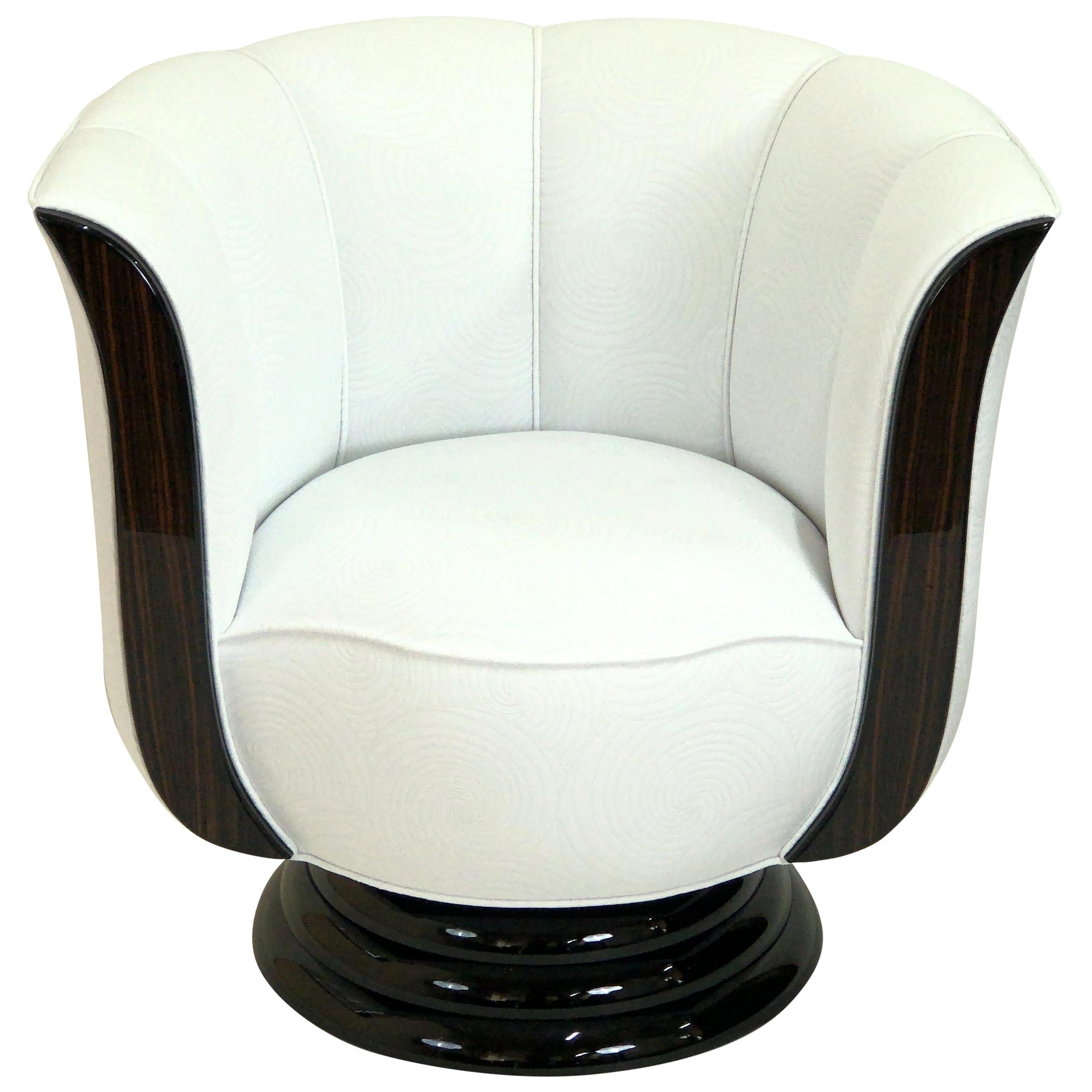 Revolving White Art Deco Style Tulip Shaped Club Chair with Macassar Panels
