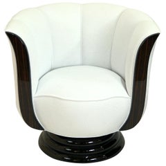 Revolving White Art Deco Style Tulip Shaped Club Chair with Macassar Panels