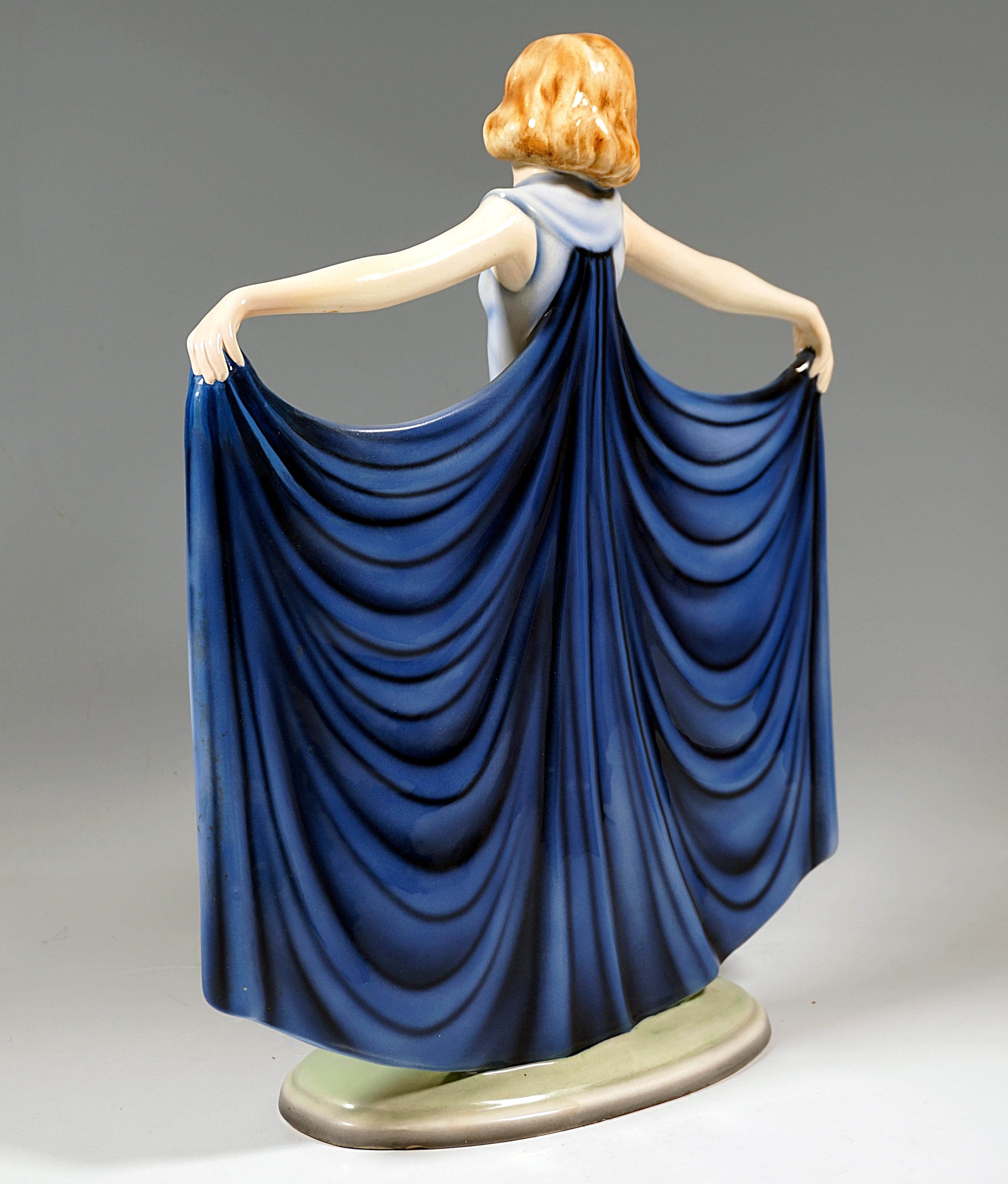Art Deco 'Revue', Goldscheider Art Déco Dancer in a Blue Dress, by Josef Lorenzl, c 1935