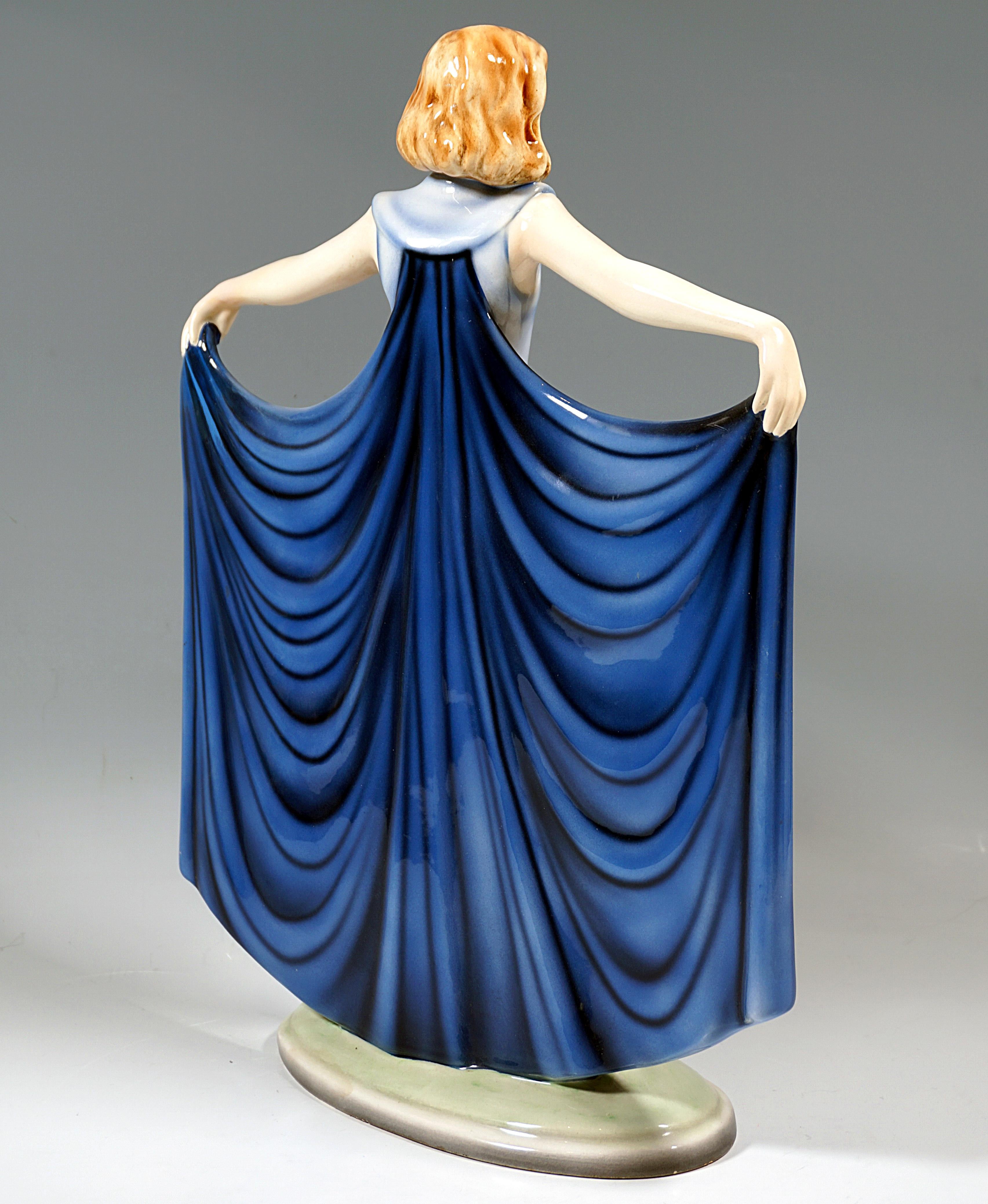 Austrian 'Revue', Goldscheider Art Déco Dancer in a Blue Dress, by Josef Lorenzl, c 1935 For Sale