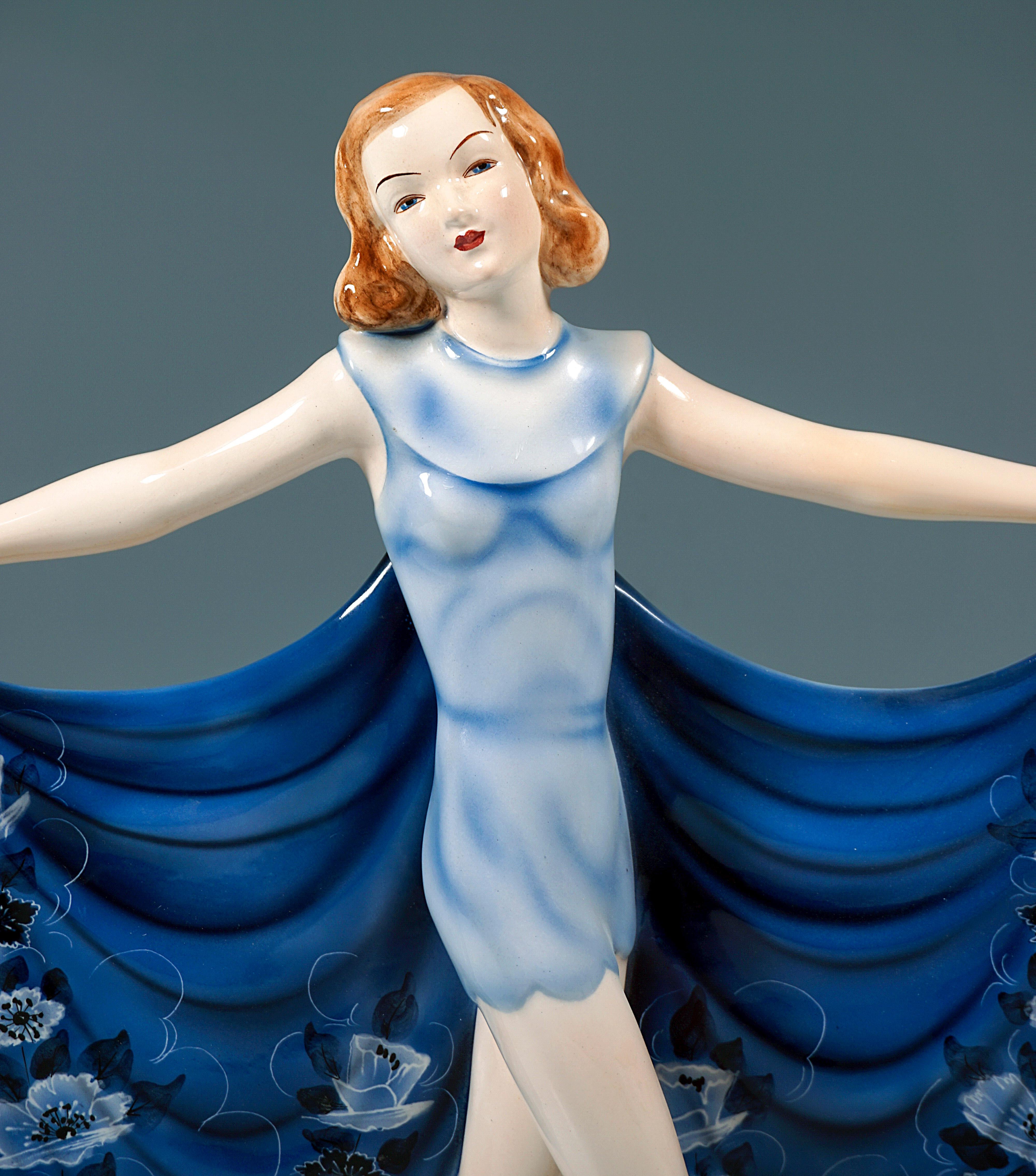 Hand-Crafted 'Revue', Goldscheider Art Déco Dancer in a Blue Dress, by Josef Lorenzl, c 1935