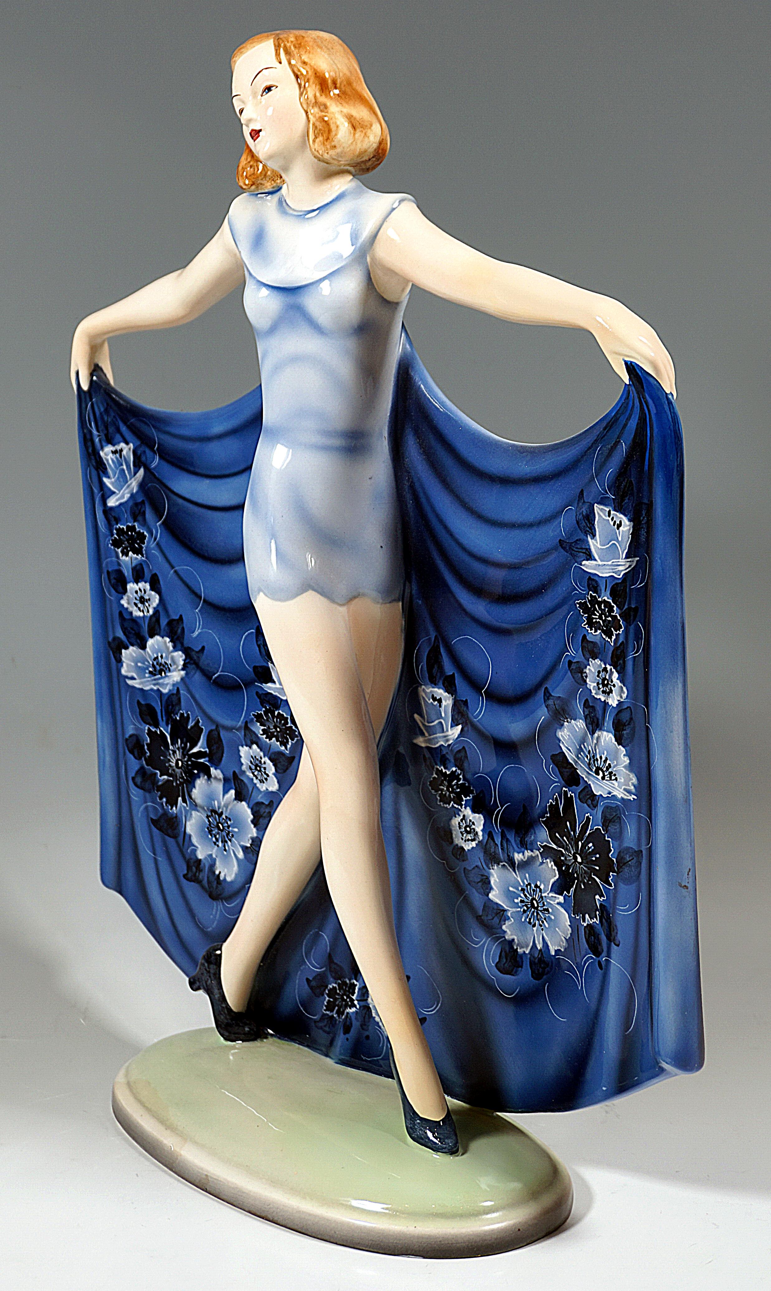 'Revue', Goldscheider Art Déco Dancer in a Blue Dress, by Josef Lorenzl, c 1935 In Good Condition In Vienna, AT