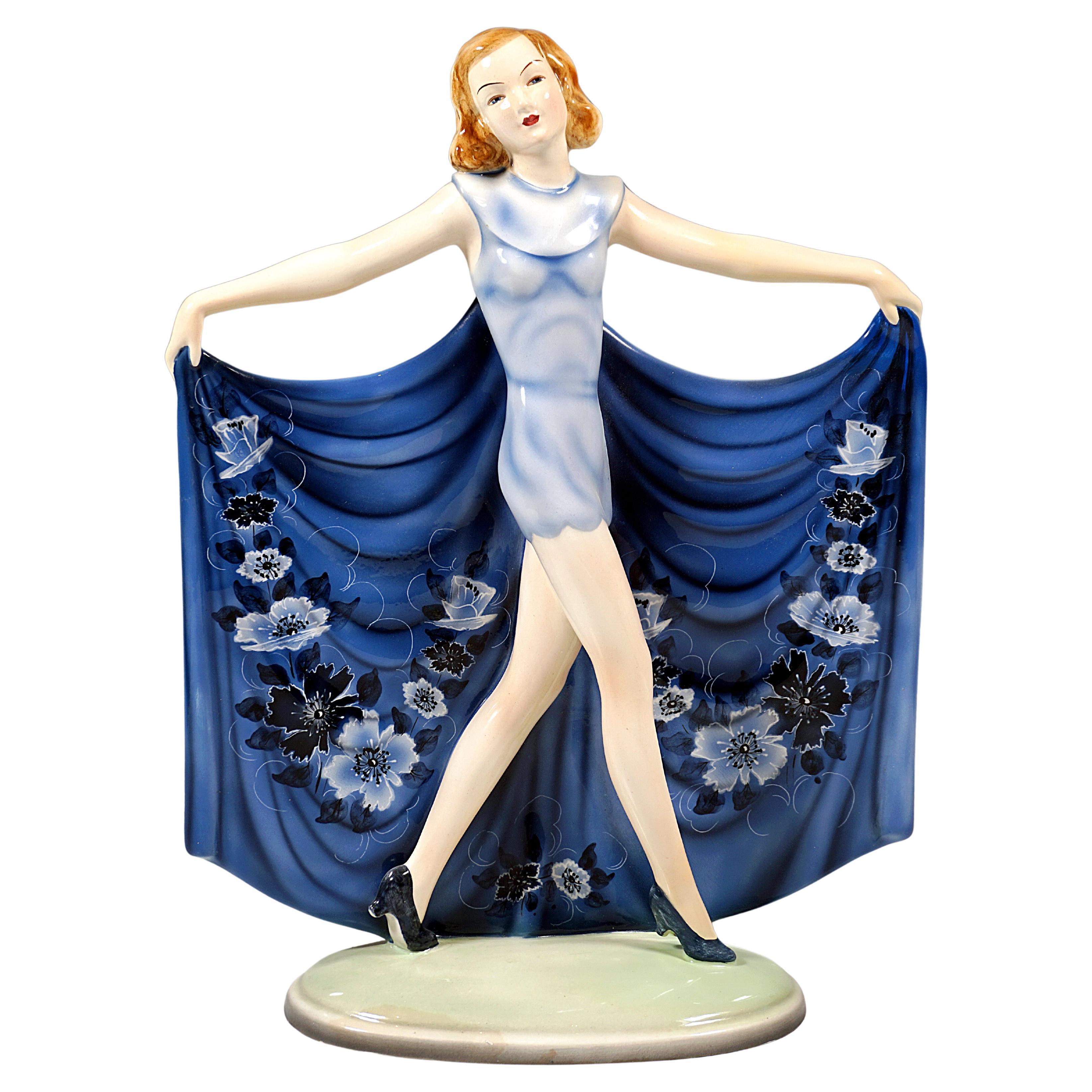 'Revue', Goldscheider Art Déco Dancer in a Blue Dress, by Josef Lorenzl, c 1935 For Sale
