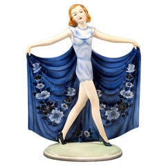 Vintage 'Revue', Goldscheider Art Déco Dancer in a Blue Dress, by Josef Lorenzl, c 1935