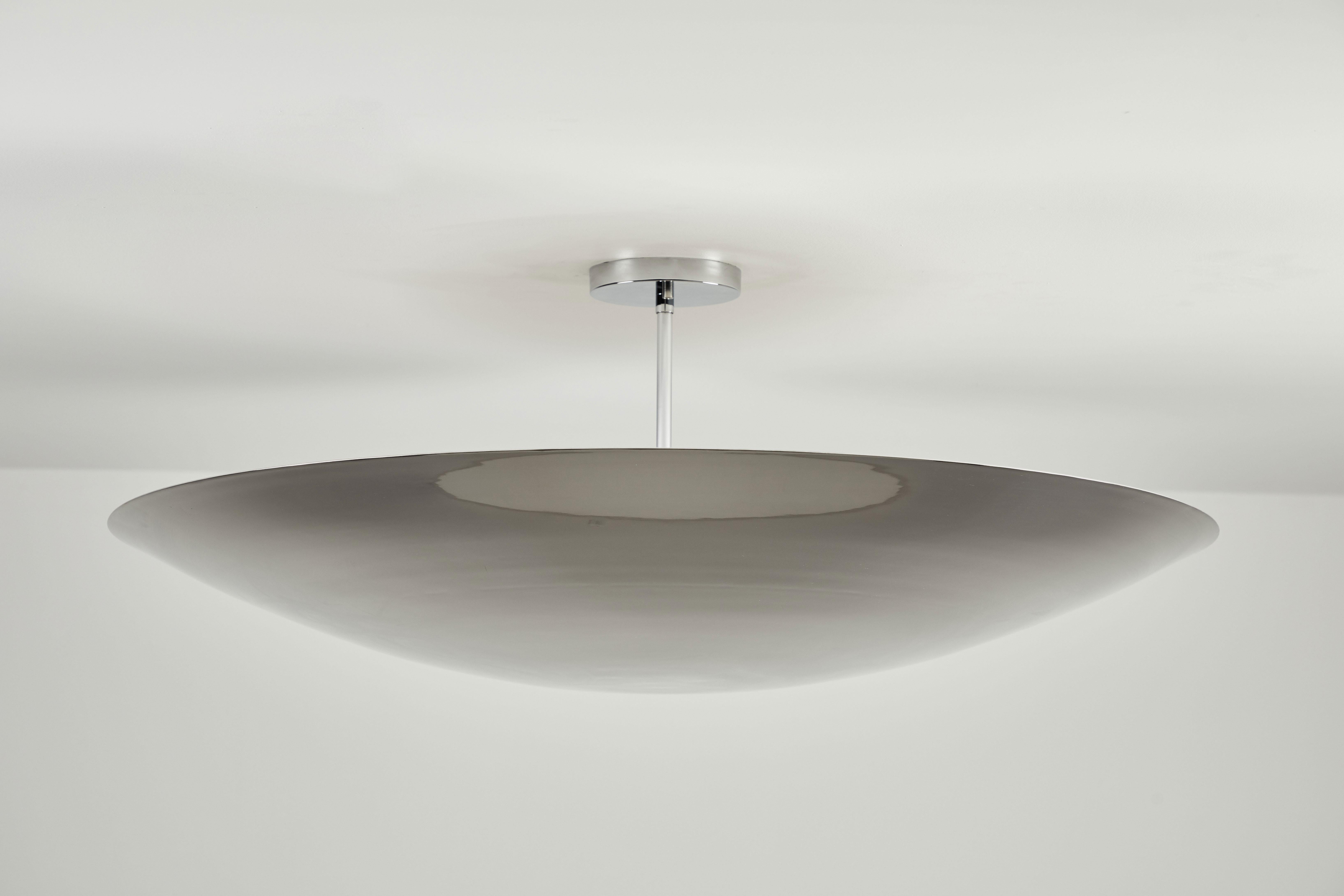 Rewire custom ceiling light. Designed and manufactured in Los angeles by rewire. Chrome plated metal dish with three internal sockets. 8-10 week lead time. Takes three E26 60w maximum bulbs. Chrome-plated brass hardware and canopy.