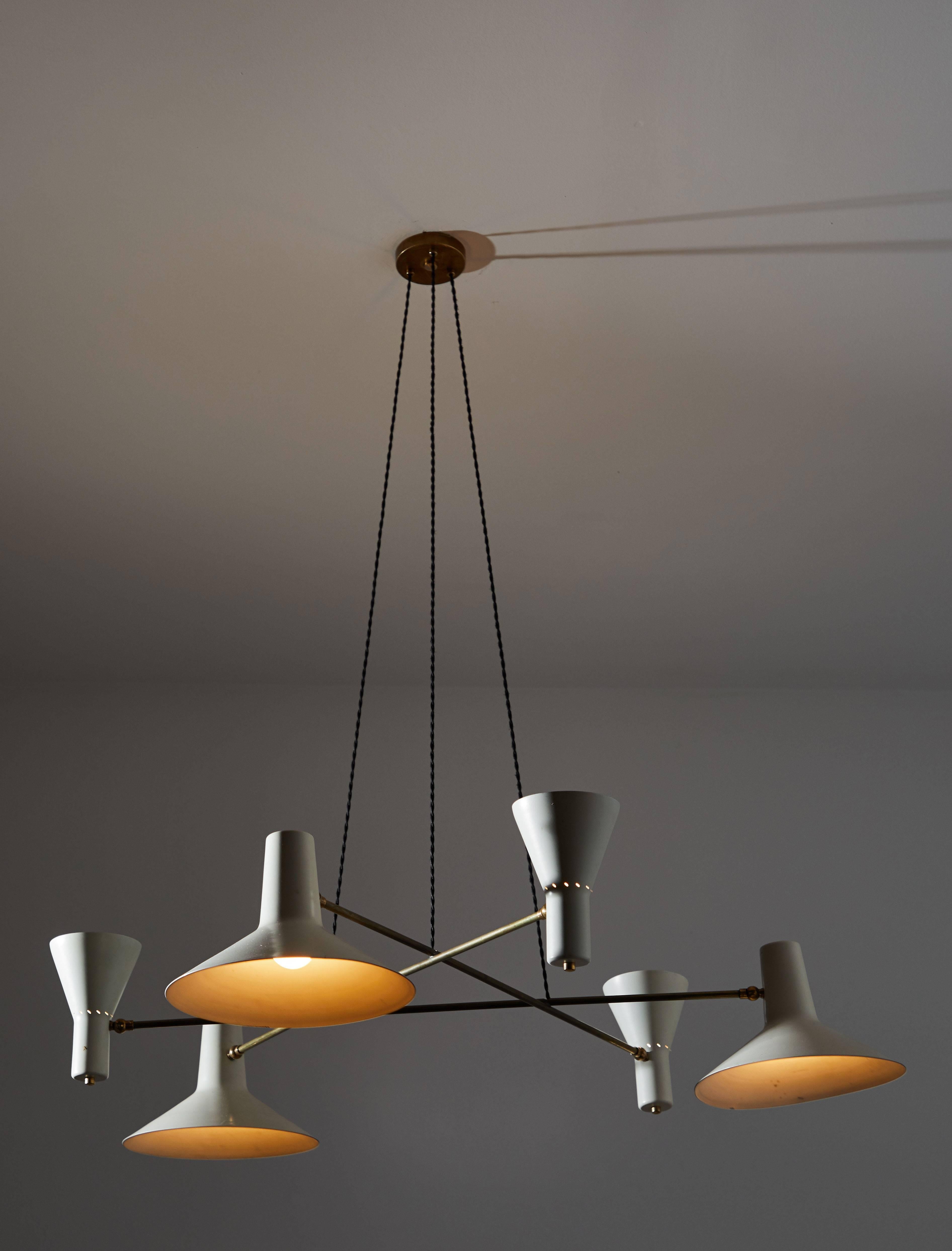 Six-shade chandelier. Custom Fabrication by rewire gallery. Painted aluminum,  with brass pivoting shades, French black twist silk cord. Rewired for US junction boxes. We recommend six E27 60w maximum bulbs. 