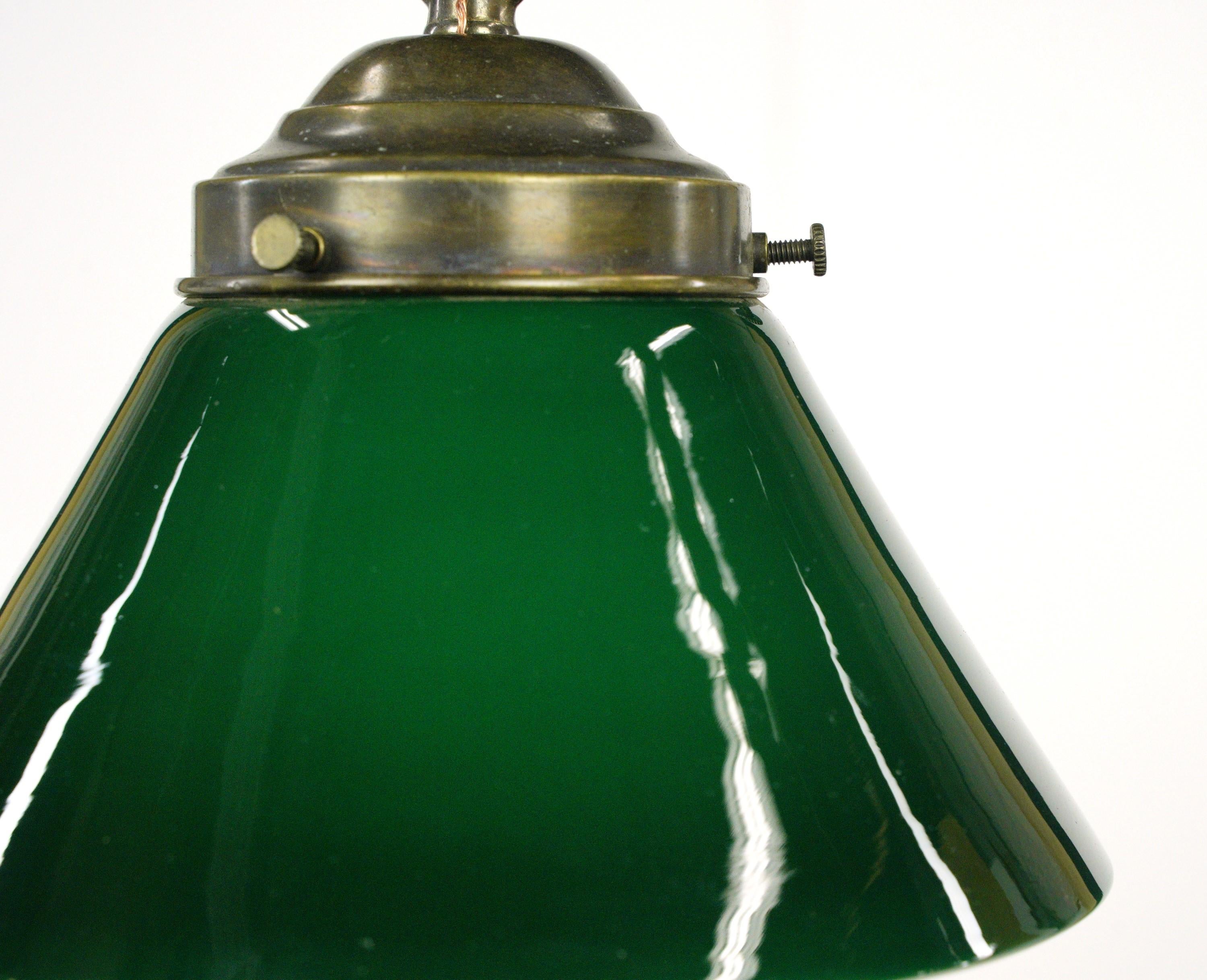 20th Century Rewired Green Glass Shade Brass Chain Pendant Light For Sale
