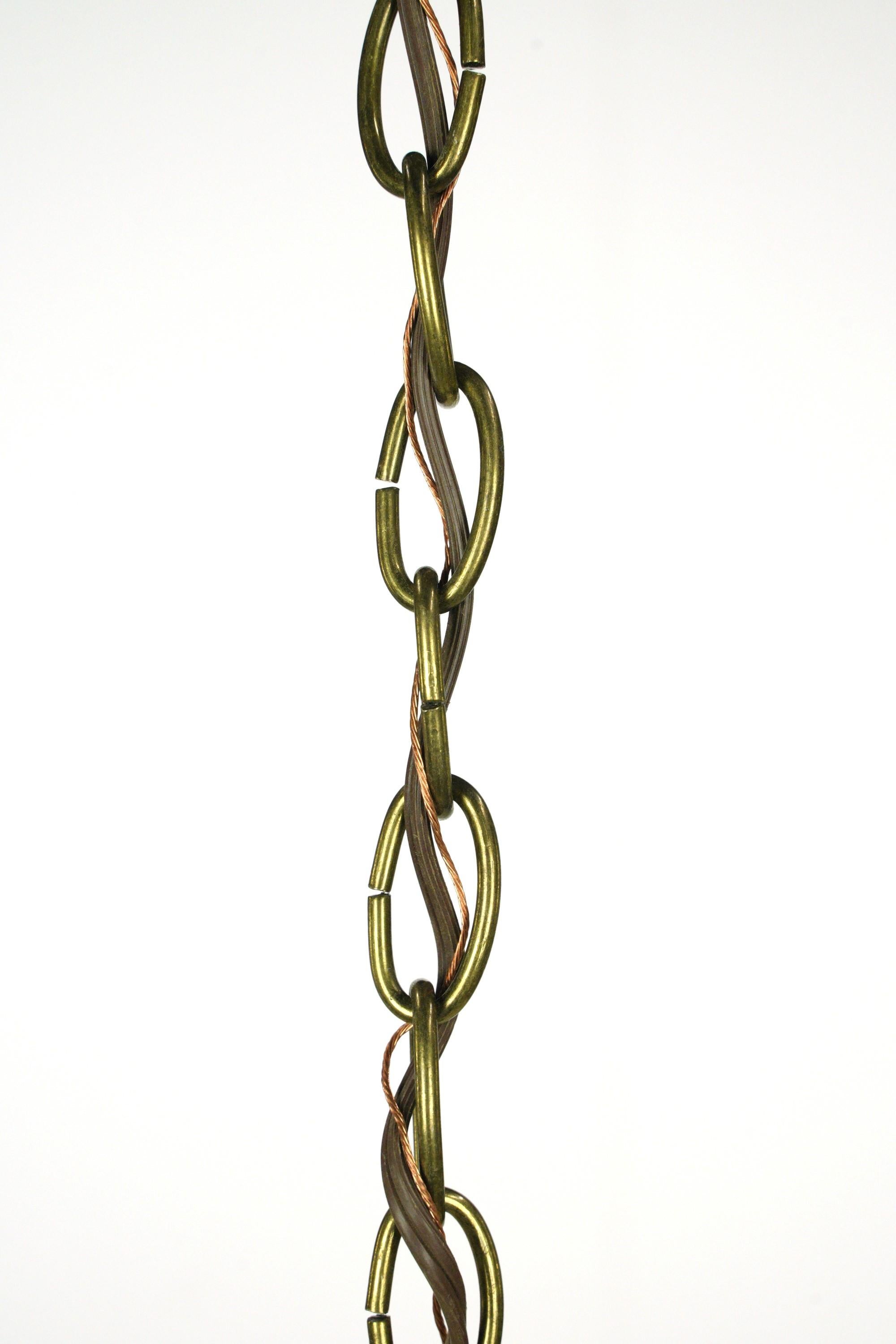 Rewired Green Glass Shade Brass Chain Pendant Light For Sale 4