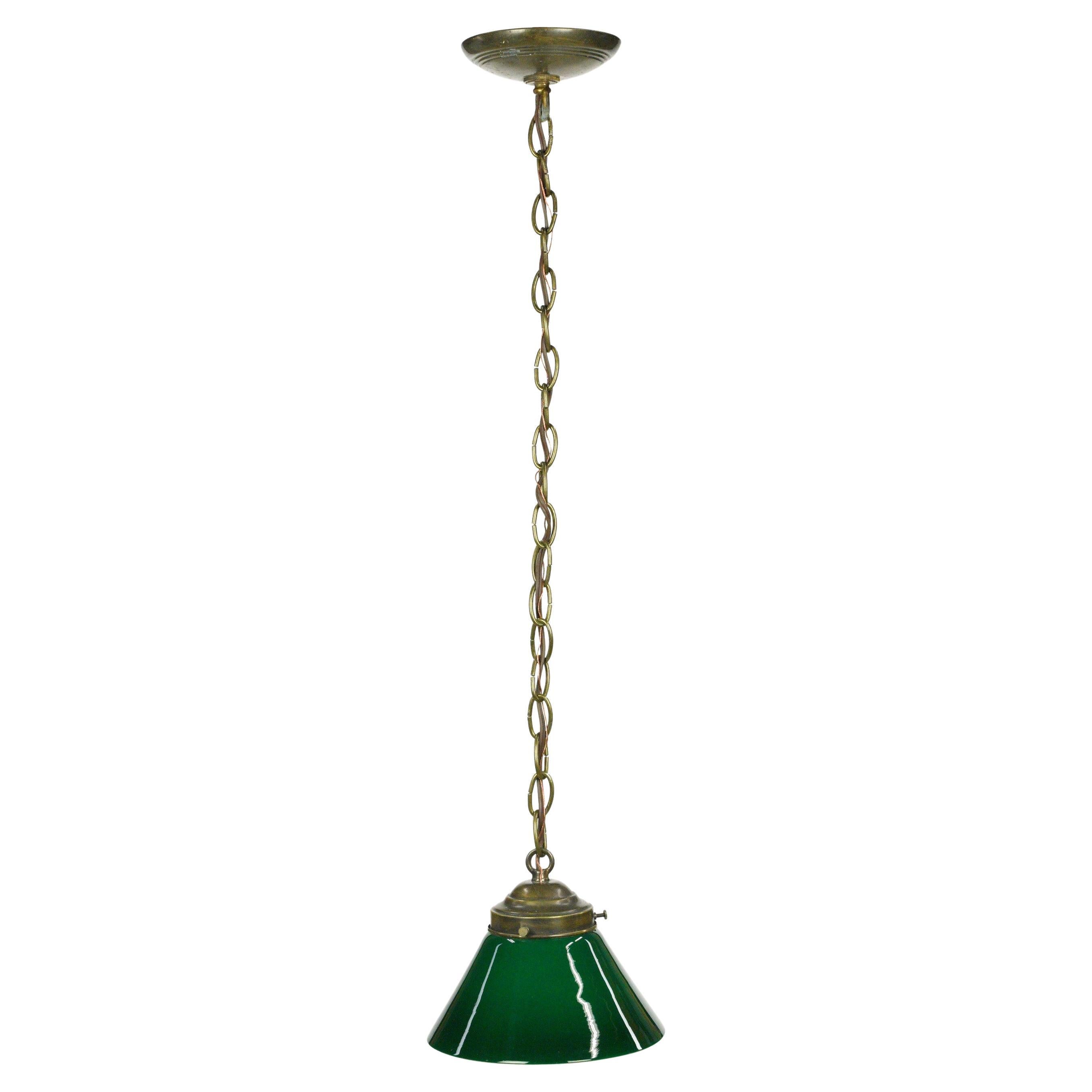 Rewired Green Glass Shade Brass Chain Pendant Light For Sale