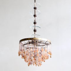 Reworked 1920s French Chandelier with Vintage and Contemporary Peach Glass Drops