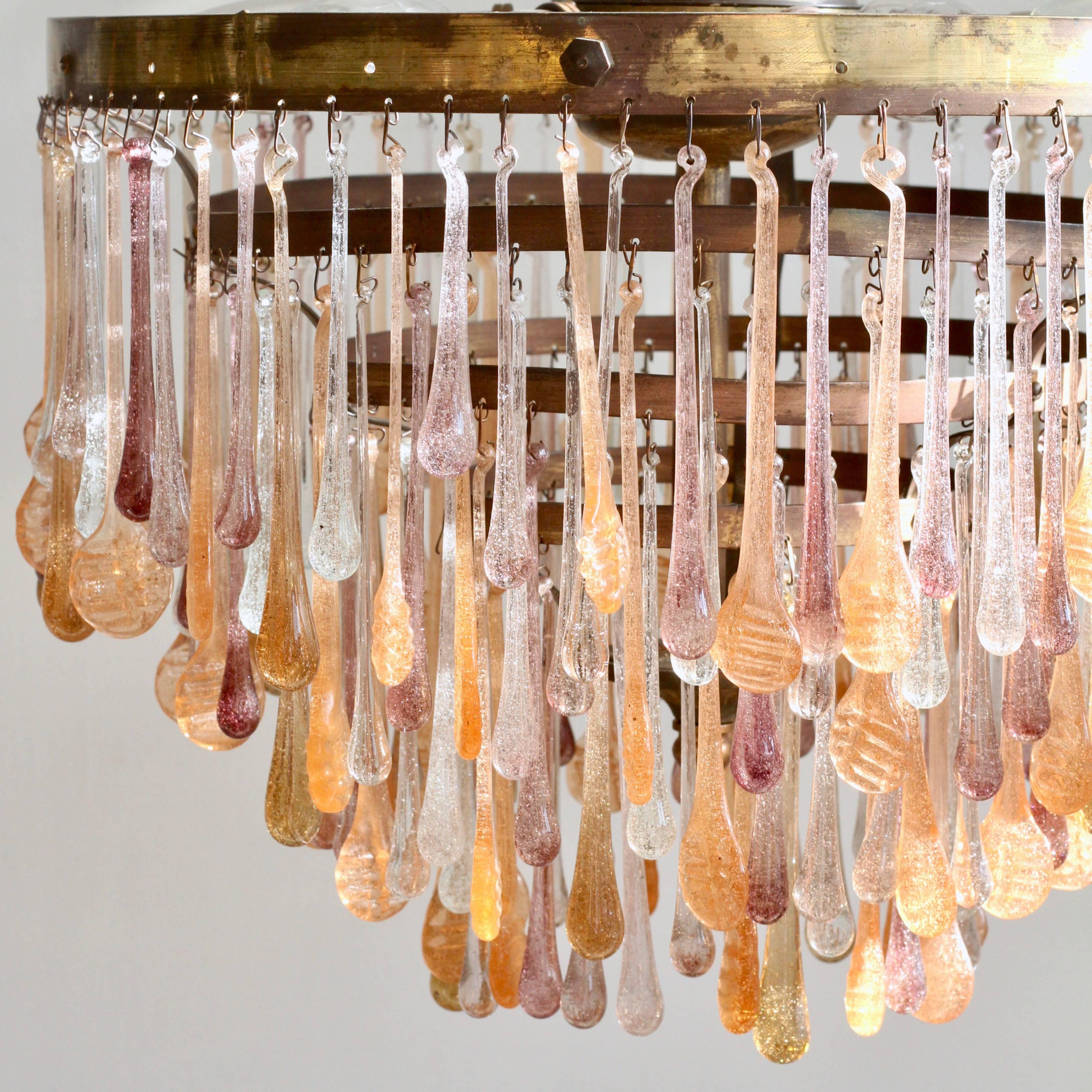 Reworked 1920s French Chandelier with Vintage and Contemporary Peach Glass Drops In Good Condition In Stockport, GB