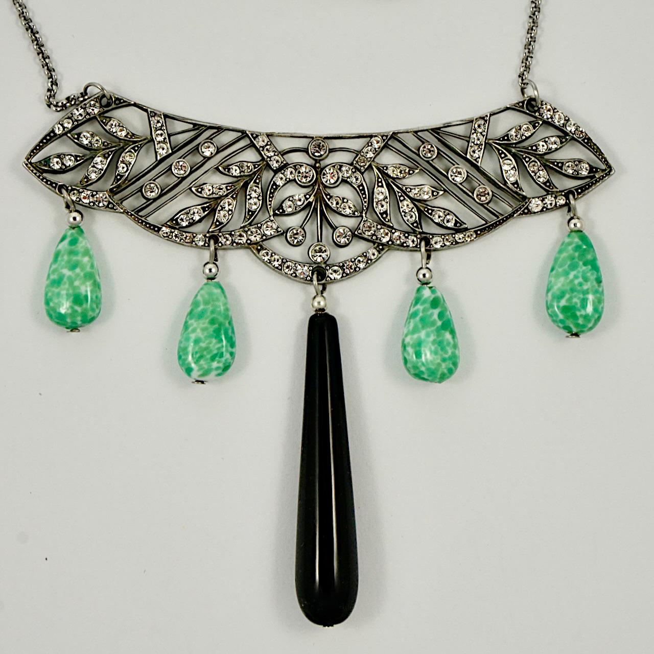 Women's or Men's Reworked Tiara Crystal Necklace with Peking Black Glass Drops circa 1930s  For Sale