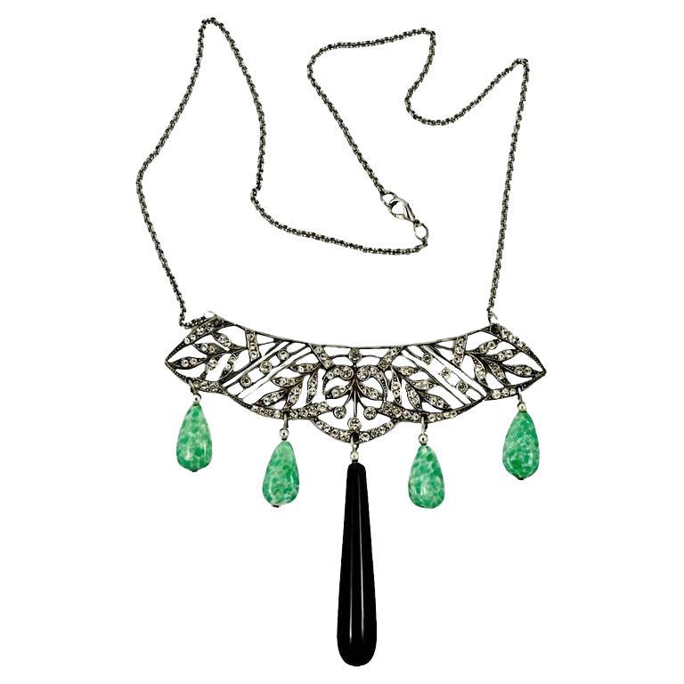 Reworked Tiara Crystal Necklace with Peking Black Glass Drops circa 1930s  For Sale