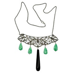 Vintage Reworked Tiara Crystal Necklace with Peking Black Glass Drops circa 1930s 