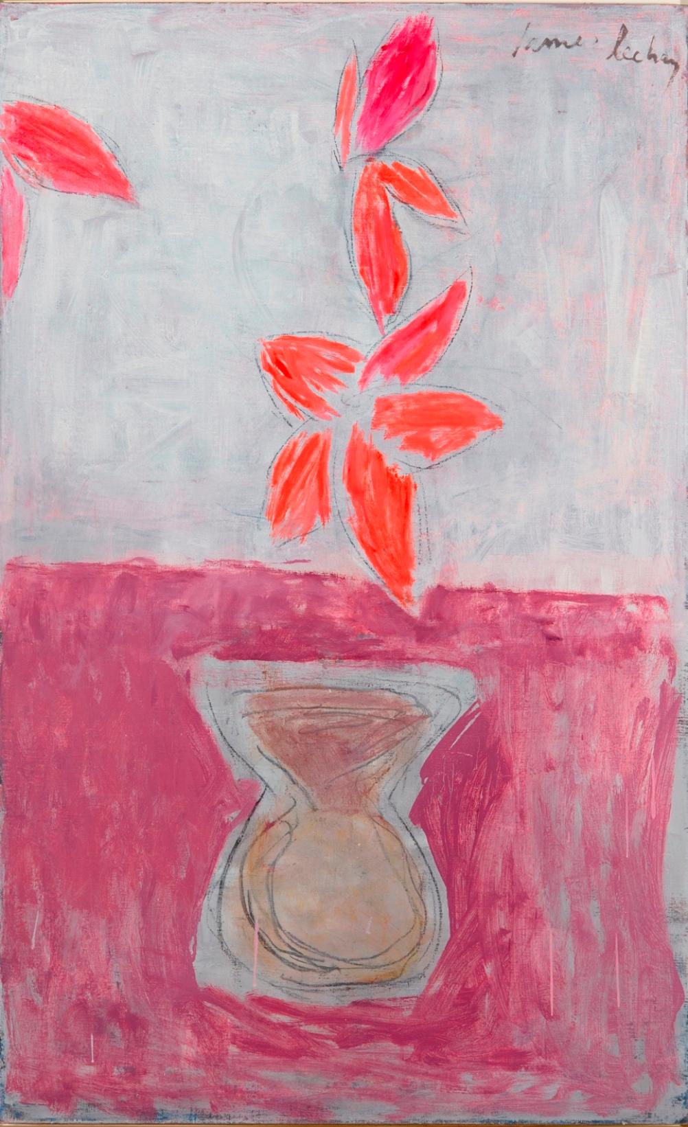 « Vase rose avec fleurs » - Painting de James Lechay