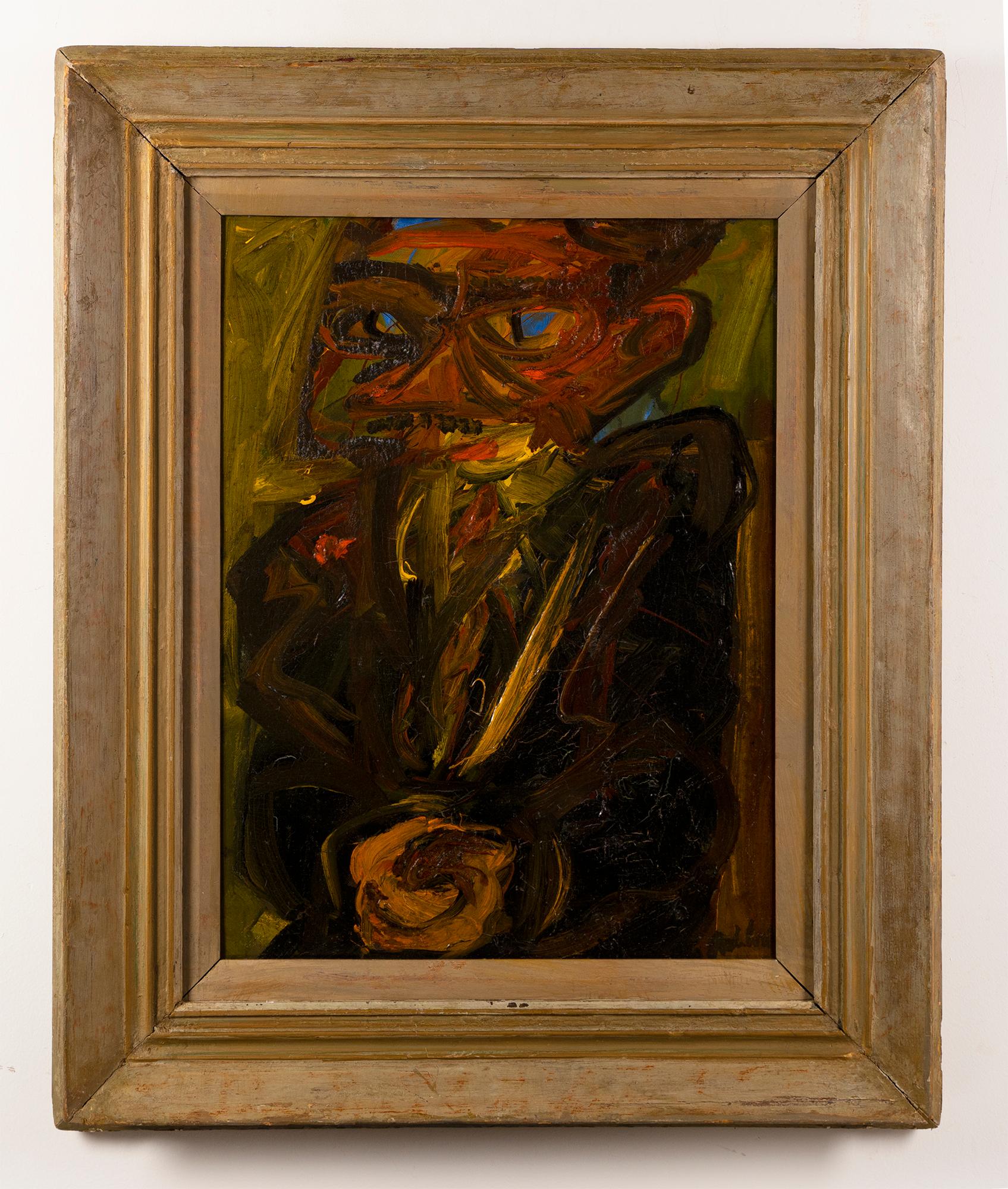 Vintage American modernist portrait oil painting by Rex Jesse Ashlock (1918 - 1999).  Oil on board, circa 1956.  Signed.  Image size, 18L x 24H.  Housed in a period wood frame.