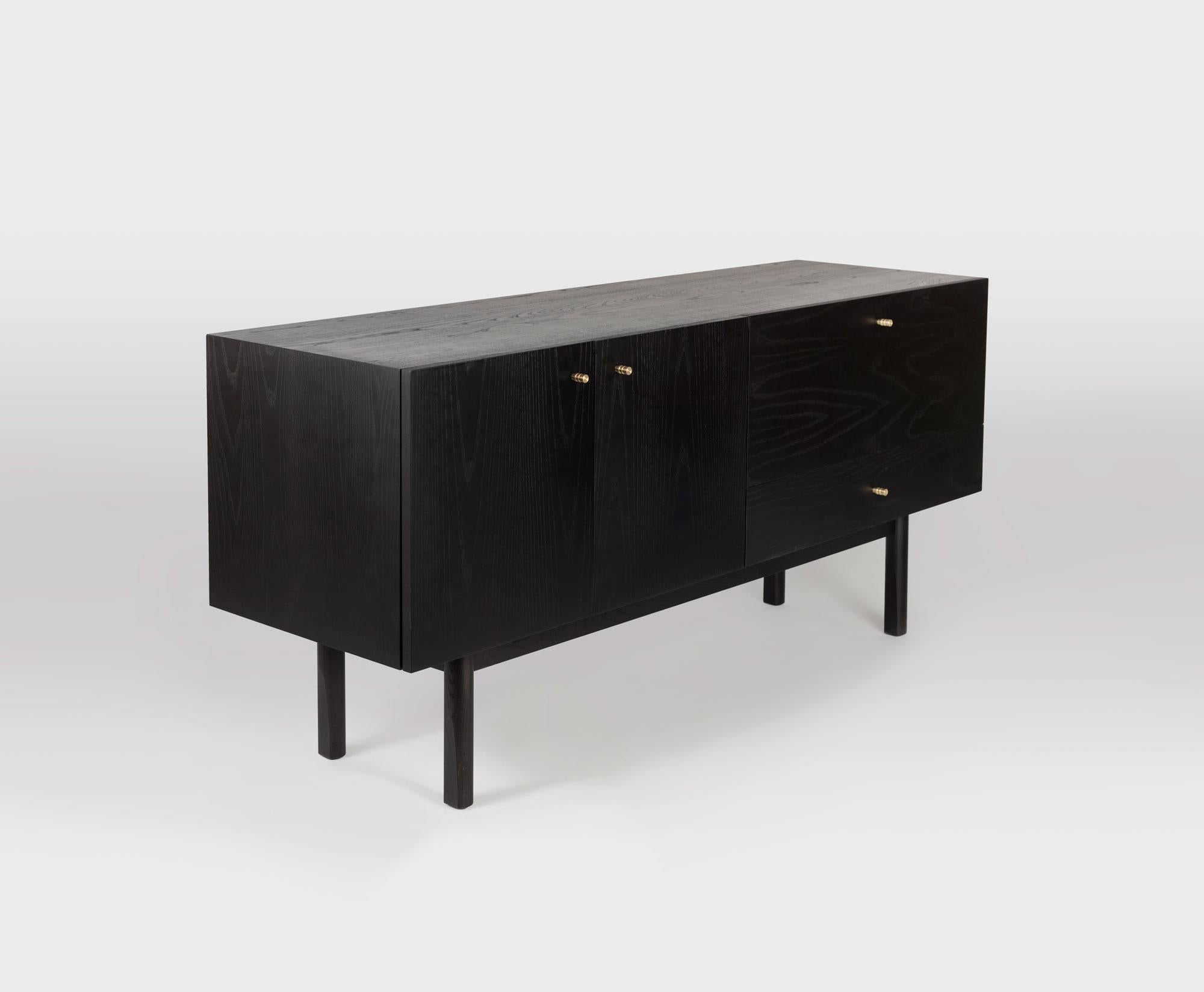 Mid-Century Modern Rex Credenza in Ebony Ash with Hand-Machined Brass Pulls and Mirror Compartment