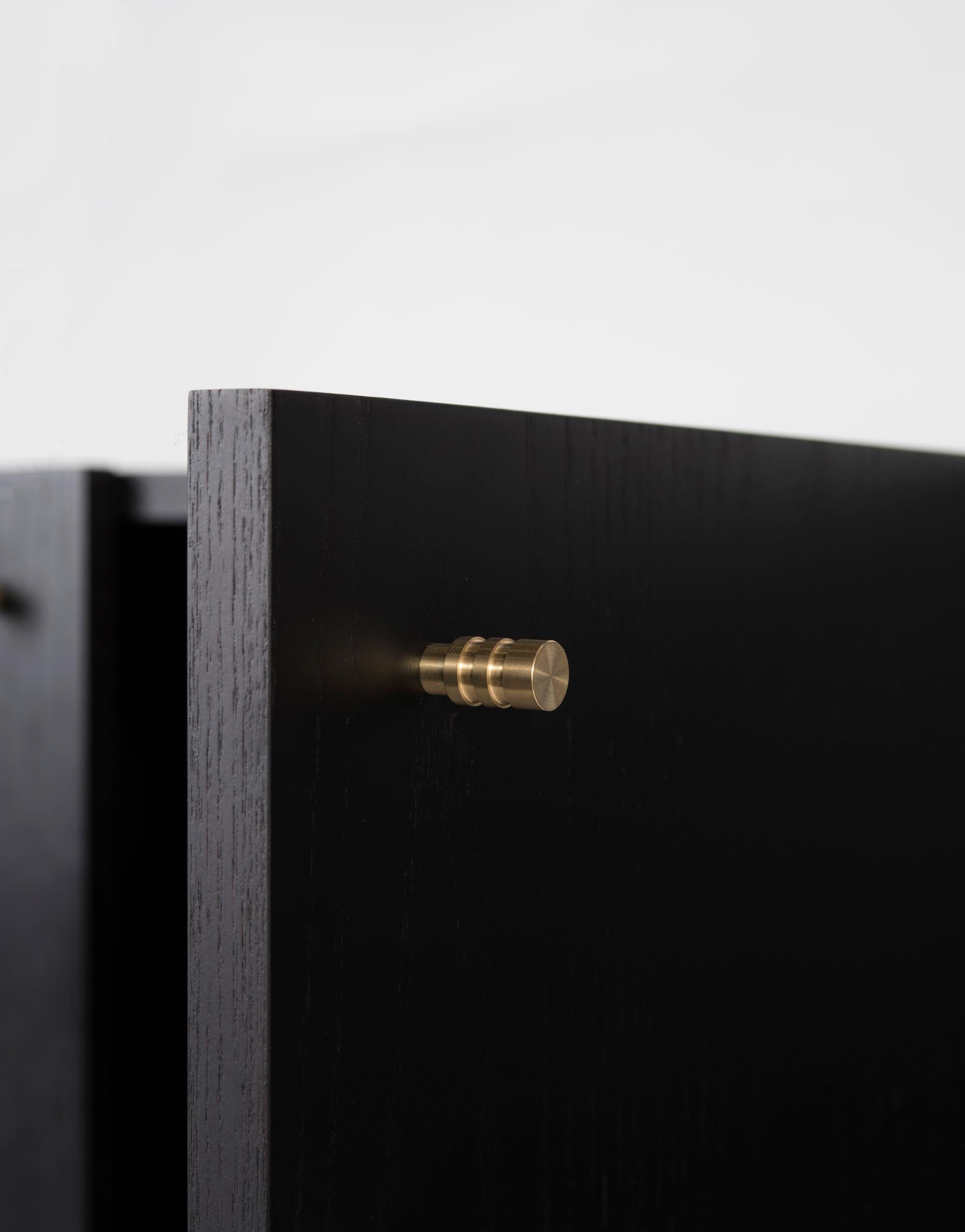 American Rex Credenza in Ebony Ash with Hand-Machined Brass Pulls and Mirror Compartment
