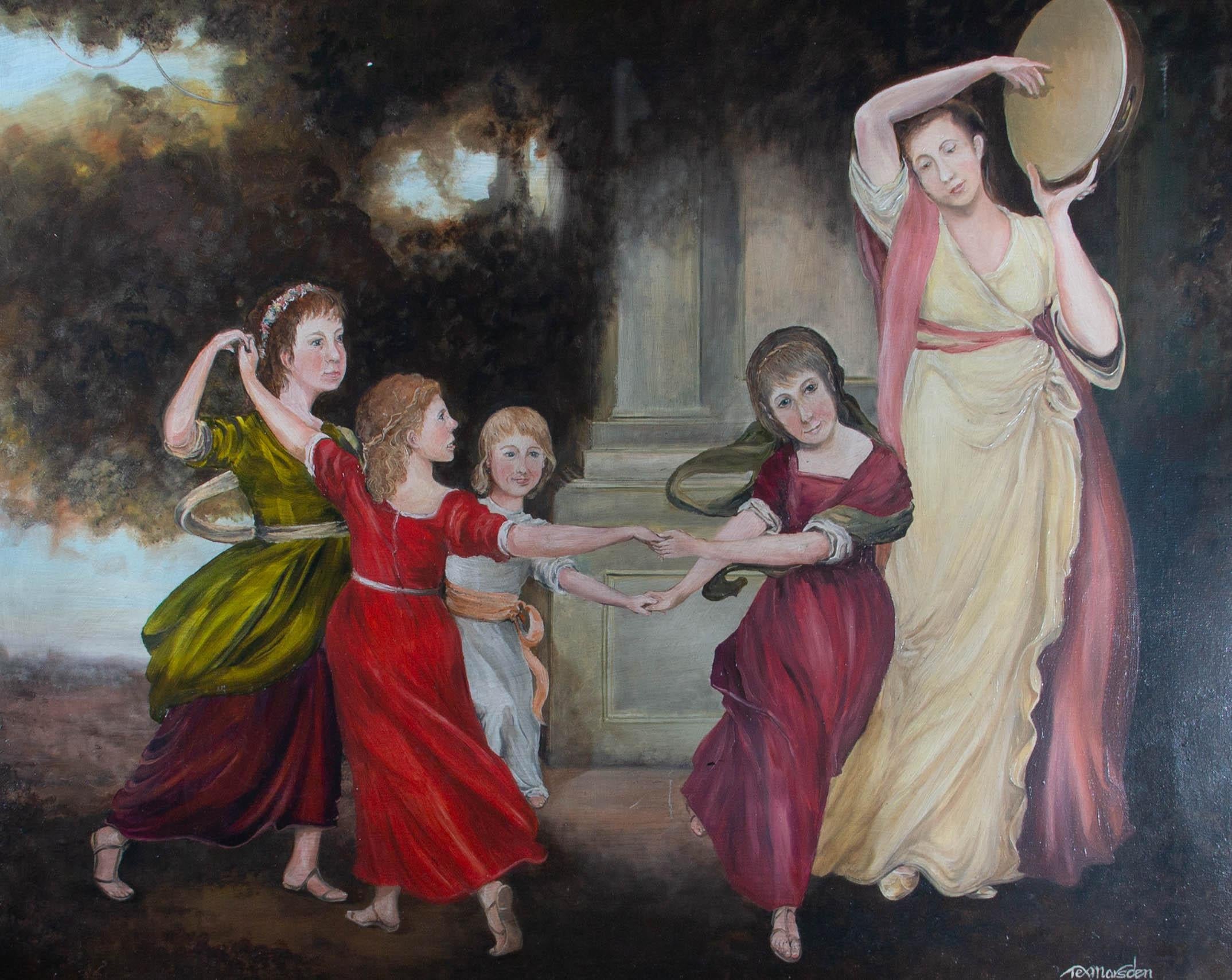 An impressively sized contemporary copy of the original painting of the Gower family children by the renowned British portrait painter, George Romney. The artist has signed to the lower right corner and the painting has been presented in a