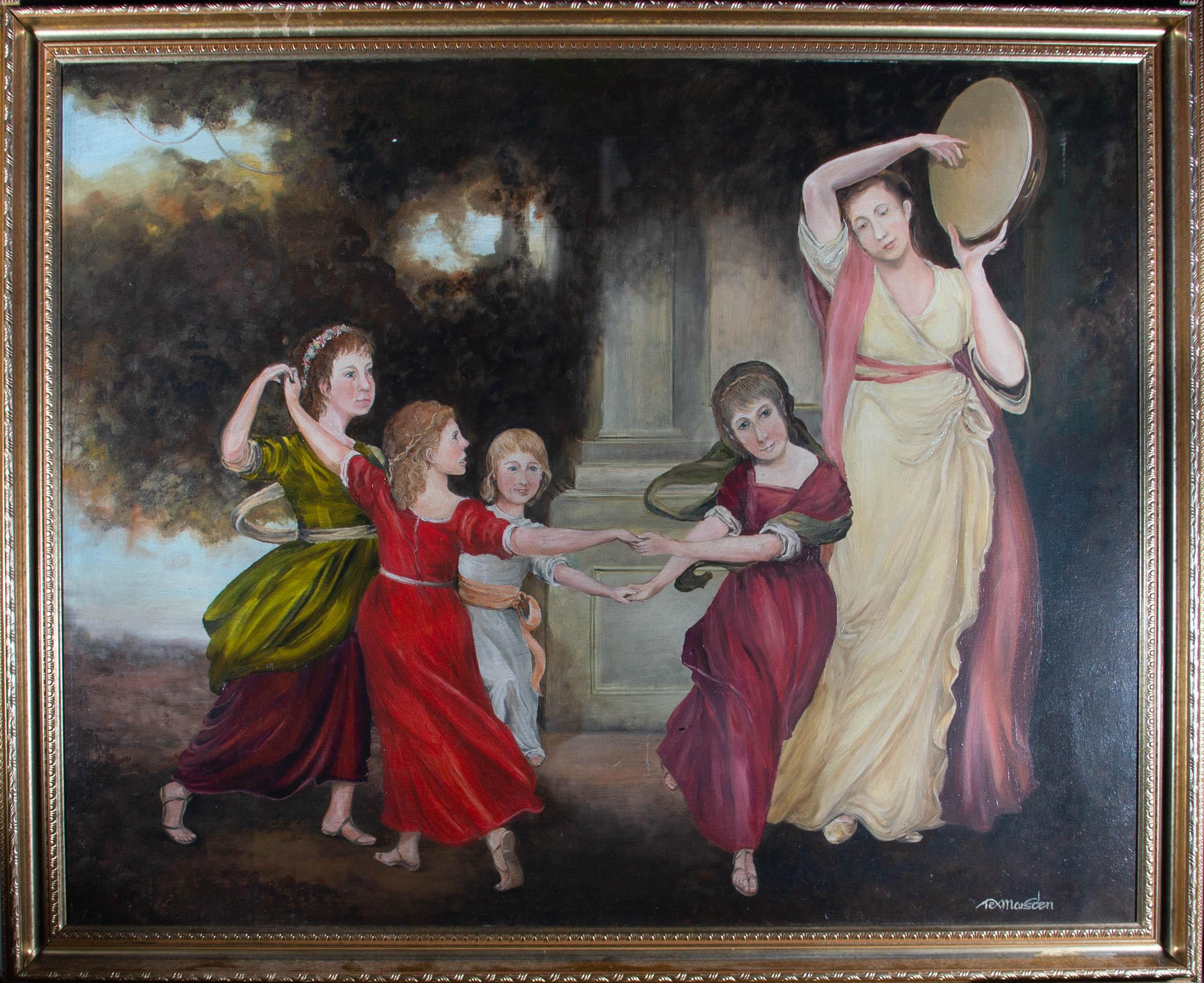 An impressively sized contemporary copy of the original painting of the Gower family children by the renowned British portrait painter, George Romney. The artist has signed to the lower right corner and the painting has been presented in a