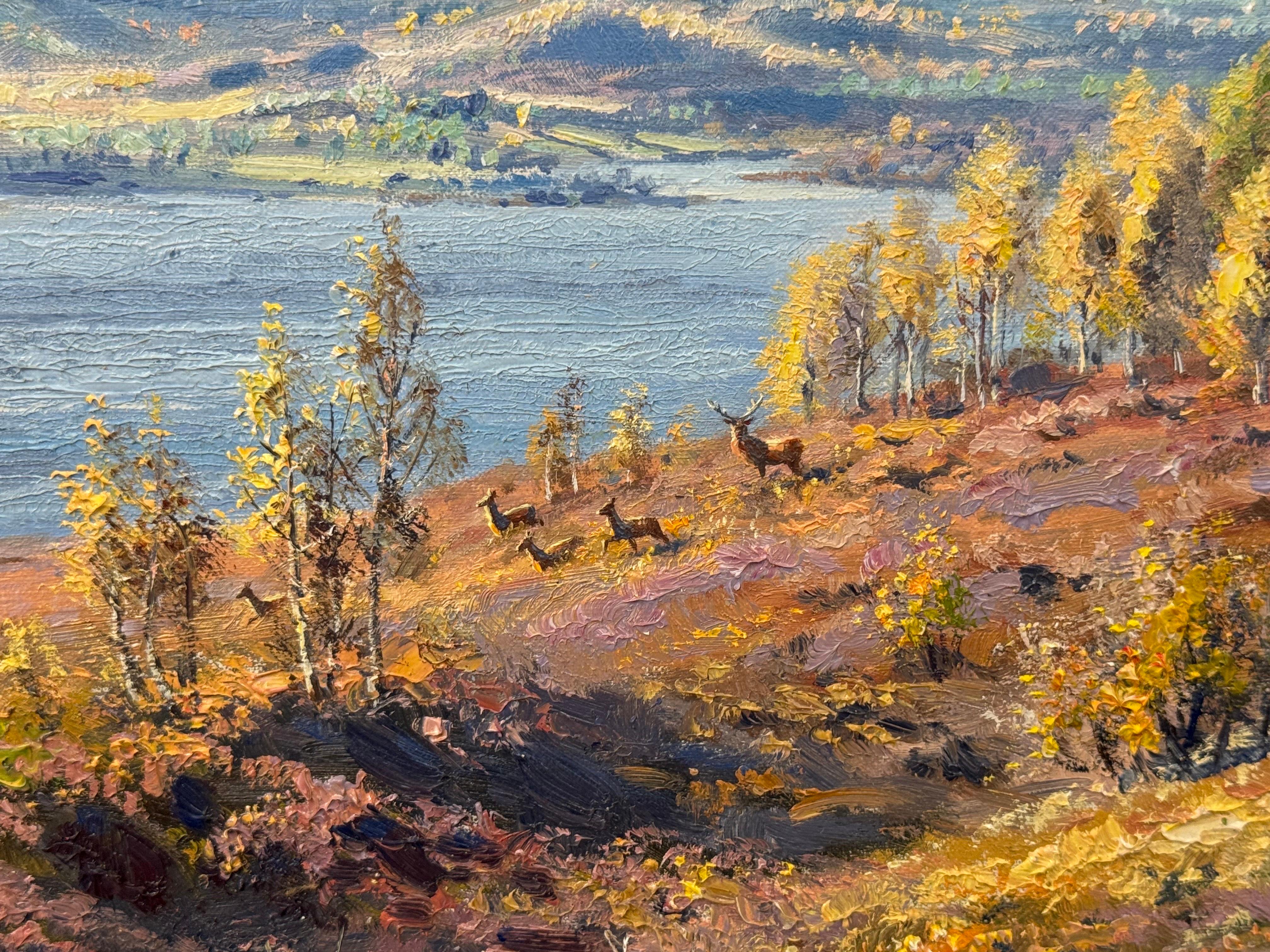Oil Painting of a Scottish Loch in Inverness with Wild Deer by British Artist 7
