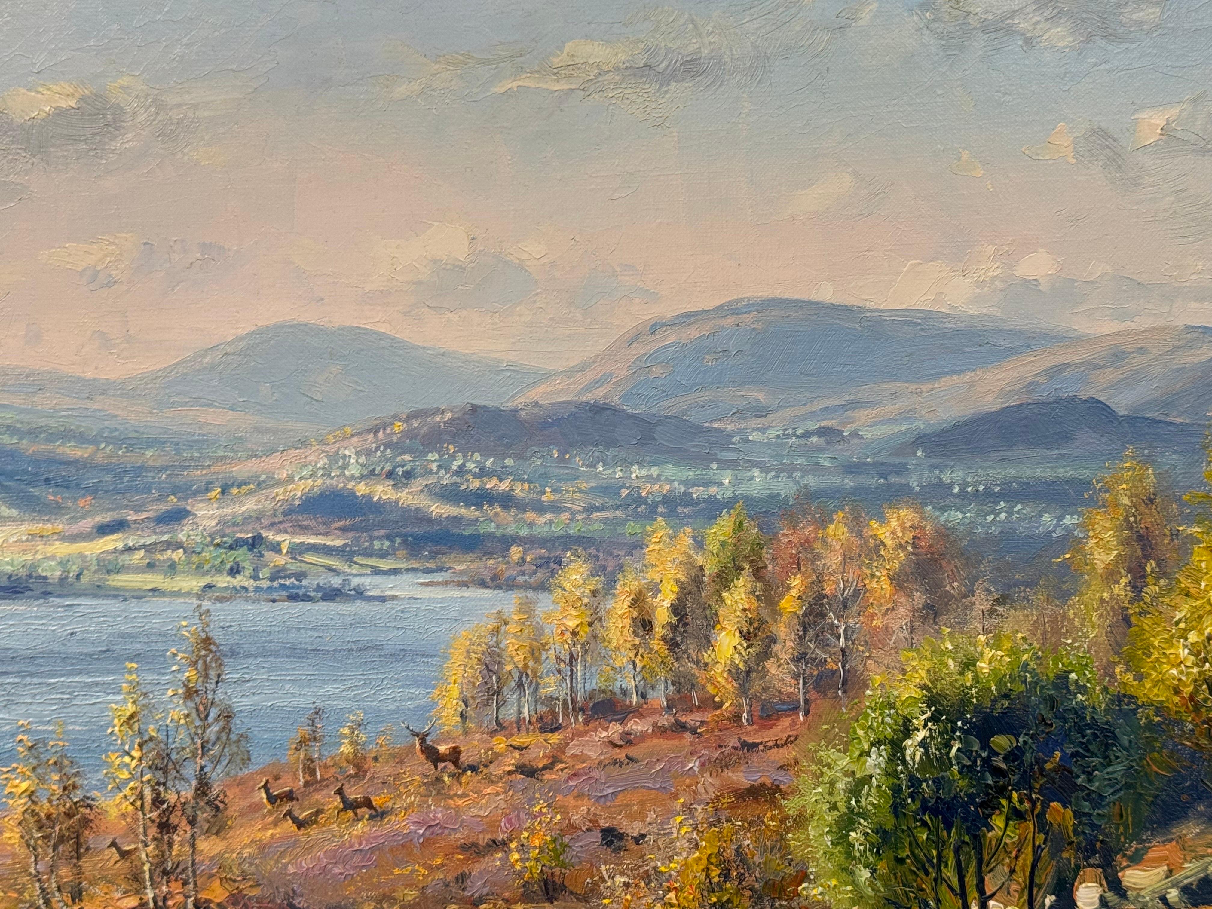Oil Painting of a Scottish Loch in Inverness with Wild Deer by British Artist 11