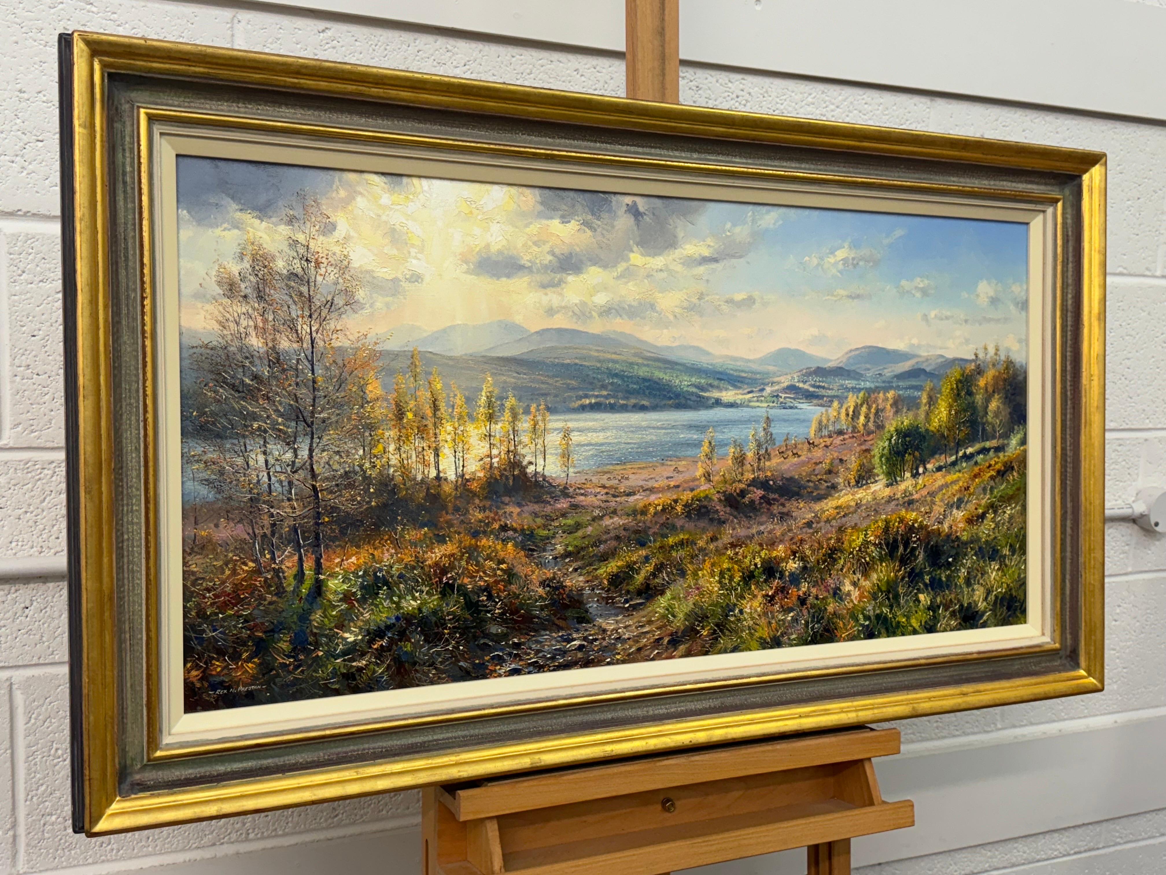 Oil Painting of a Scottish Loch in Inverness with Wild Deer by British Artist - Brown Landscape Painting by Rex Preston