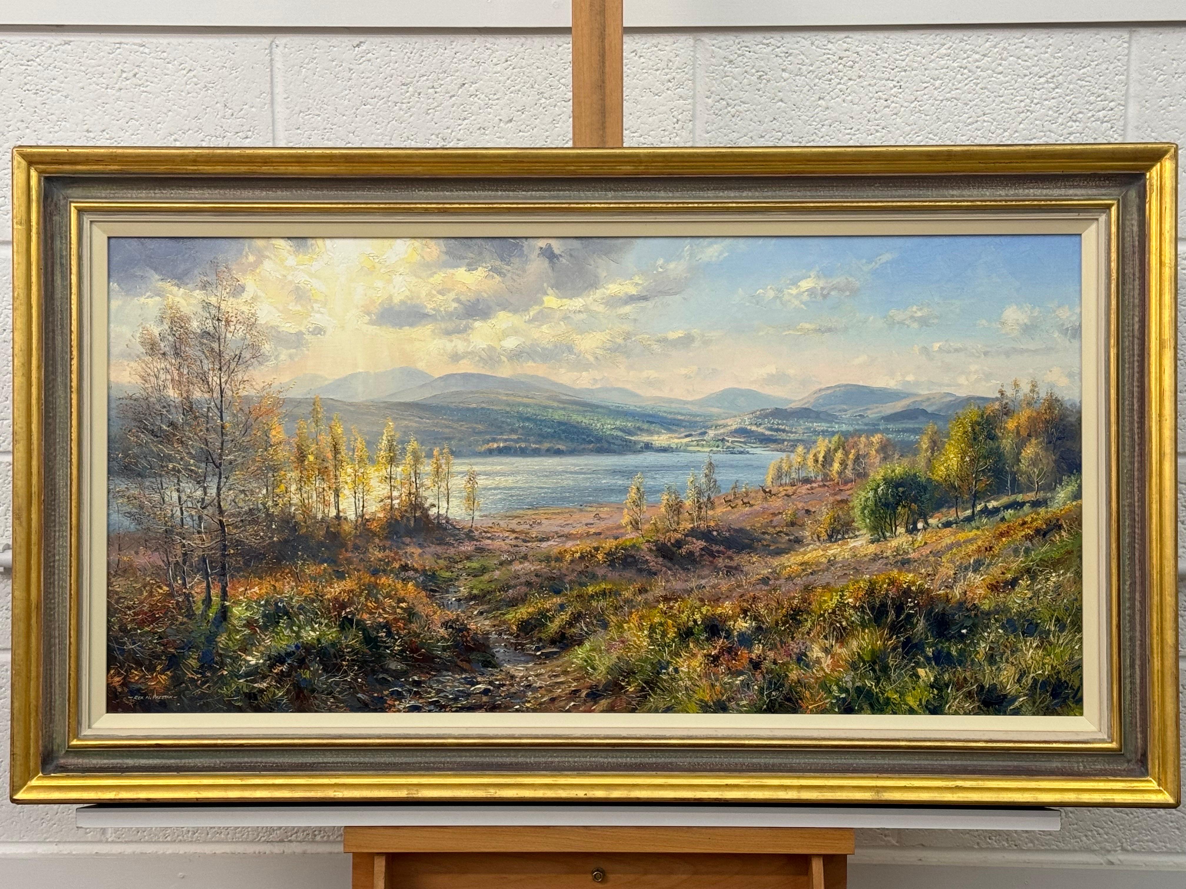 Oil Painting of Loch Garry with Wild Deer in Inverness, Scotland, by 20th Century British Artist. 

Art measures 36 x 16 inches 
Frame measures 43 x 23 inches 

This captivating painting of Loch Garry in Inverness, Scotland, is a harmonious blend of