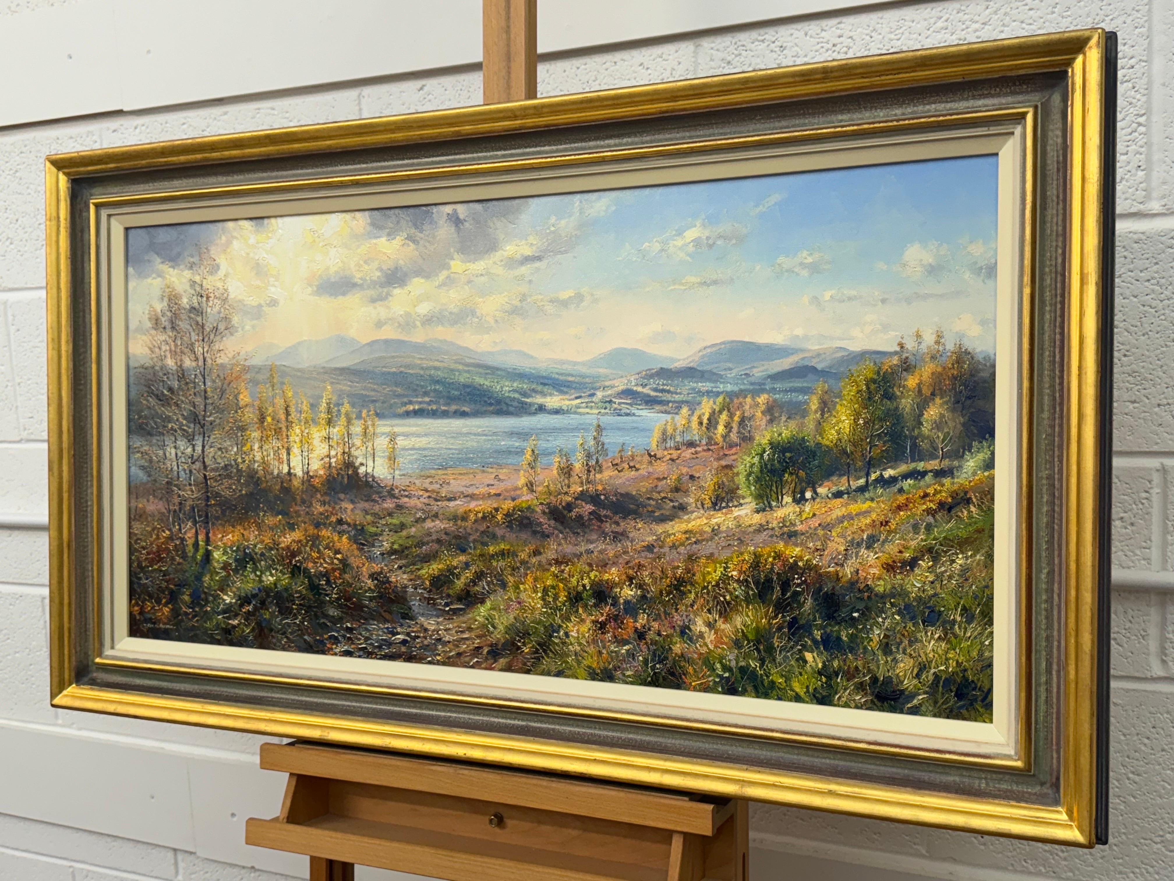 Oil Painting of a Scottish Loch in Inverness with Wild Deer by British Artist 1
