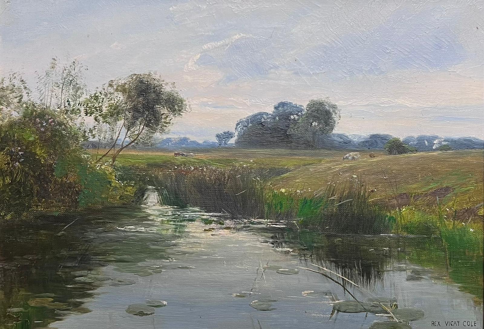 Antico olio inglese vittoriano firmato Tranquillo paesaggio fluviale Pascoli tranquilli - Painting di Rex Vicat Cole