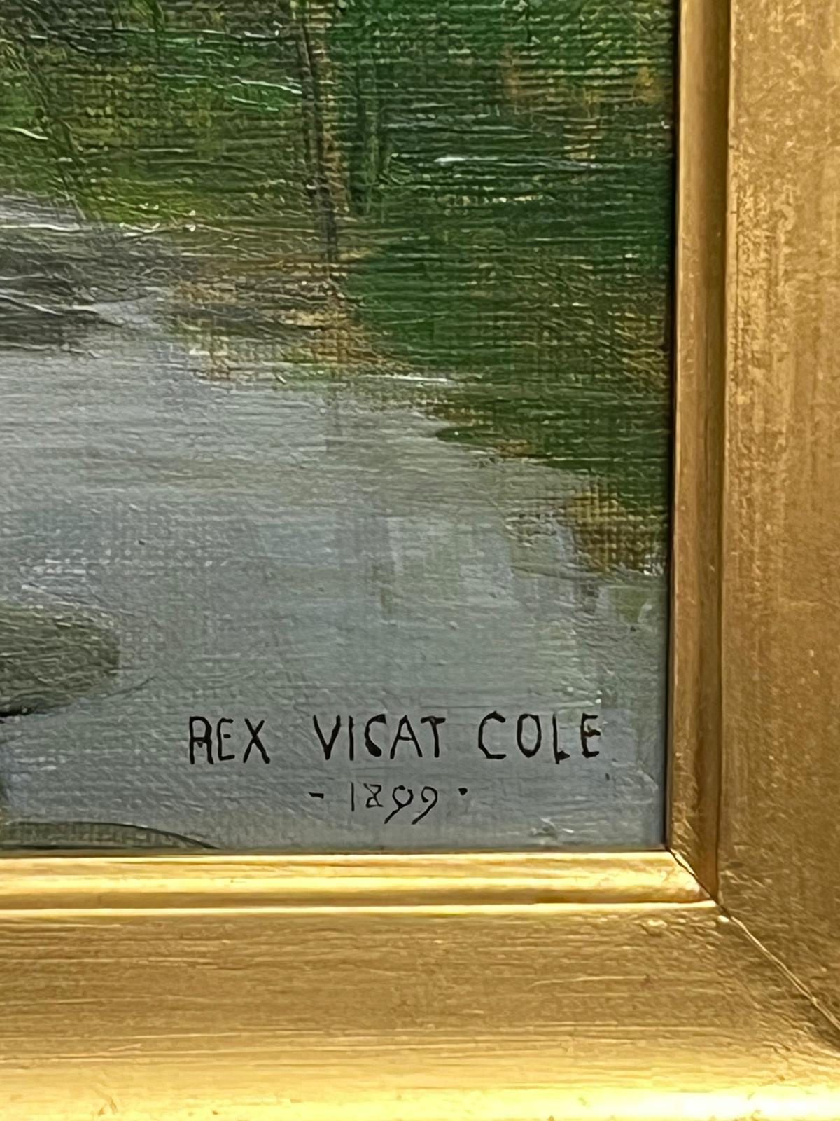 Antico olio inglese vittoriano firmato Tranquillo paesaggio fluviale Pascoli tranquilli - Landscape Painting Marrone di Rex Vicat Cole