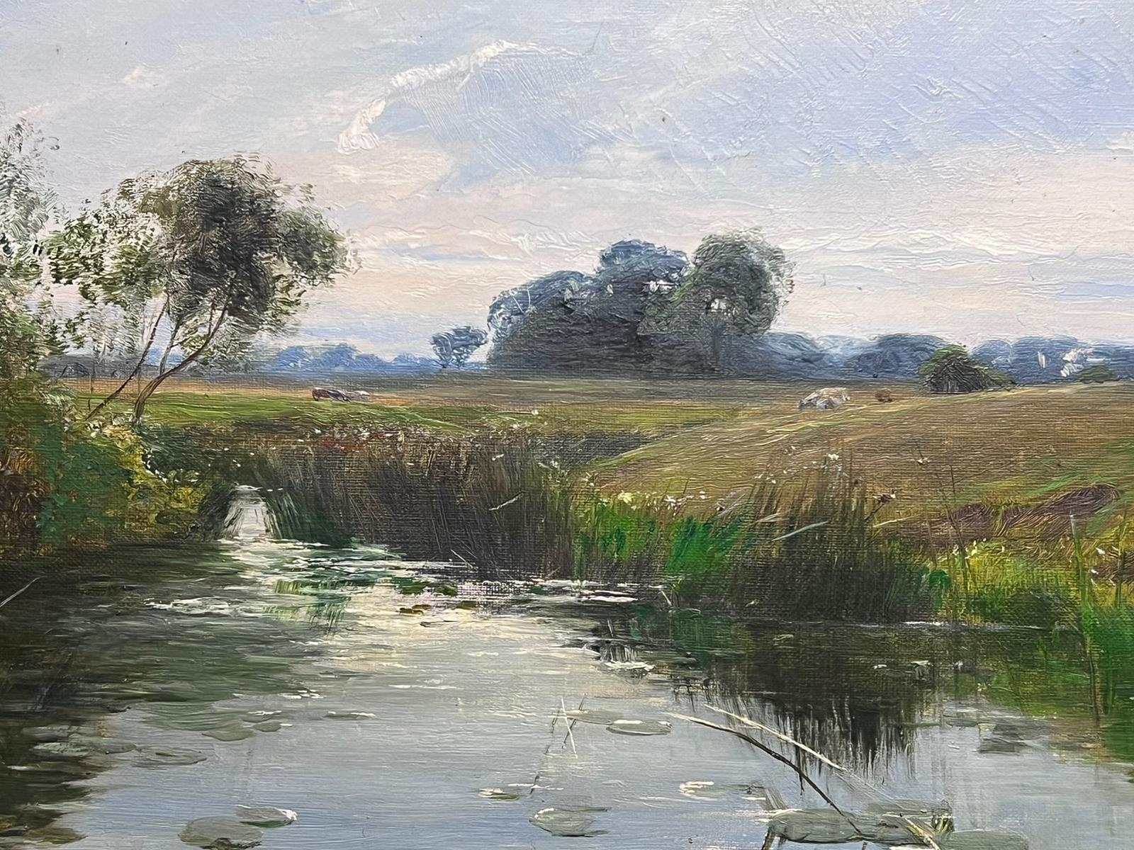 Antique Victorian English Signed Oil Tranquil River Landscape Quiet Pastures For Sale 3