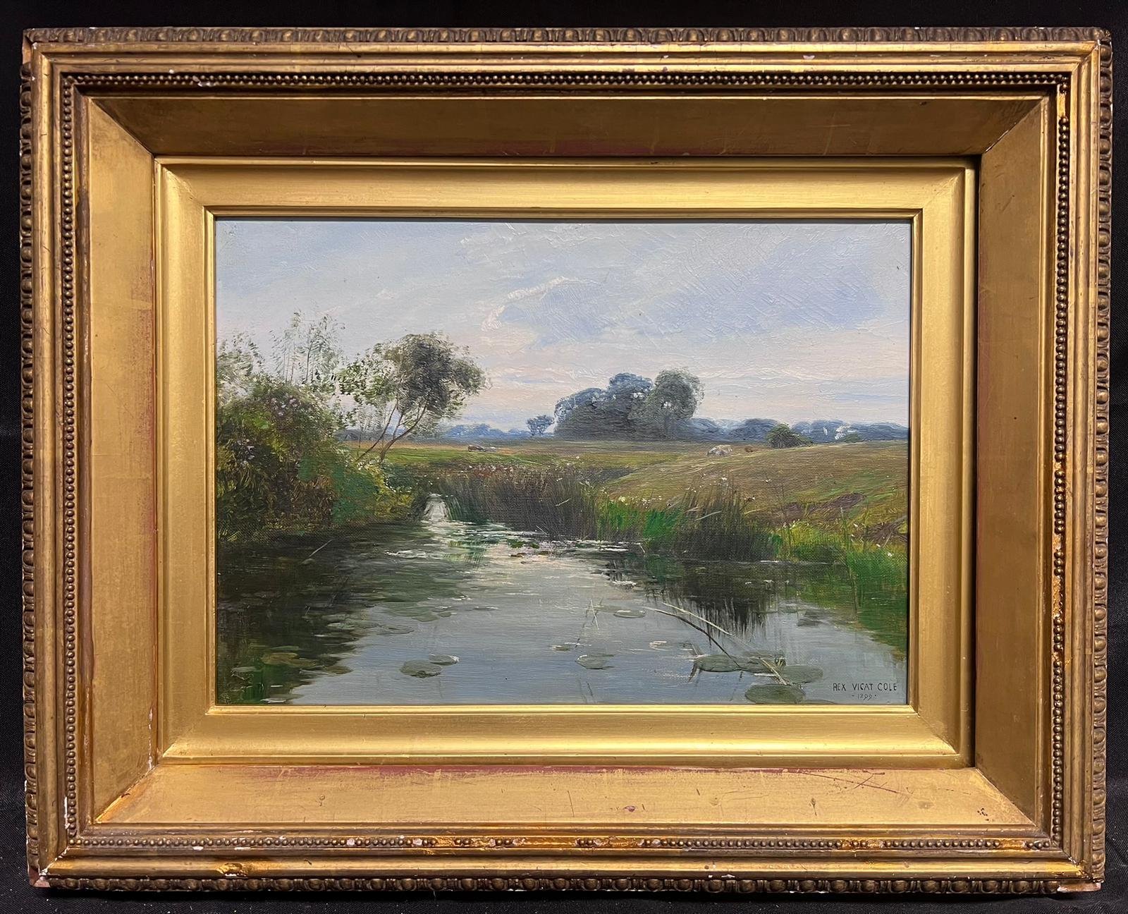 Rex Vicat Cole Landscape Painting - Antique Victorian English Signed Oil Tranquil River Landscape Quiet Pastures