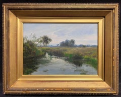 Antique peinture à l'huile victorienne anglaise signée Tranquil River Landscape Quiet Pastures