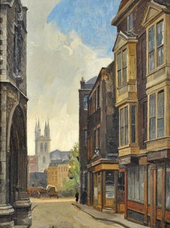 Cloth Fair - City of London Pre-War English Street Scene Oil on Board Painting