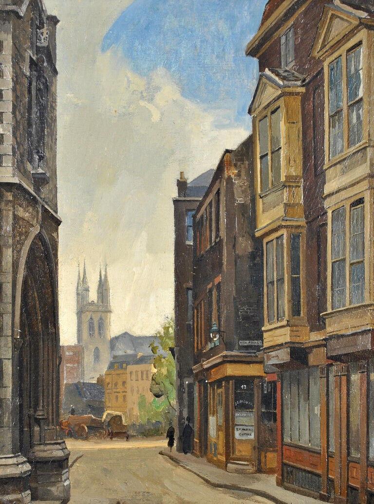 A fine c.1935 oil on board by Rex Vicat Cole which depicts a pre-war view down Cloth Fair, close to West Smithfield and St. Bartholomews Hospital, in the City of London.  John George Glover's engraving shop is on the corner with New Court, and the