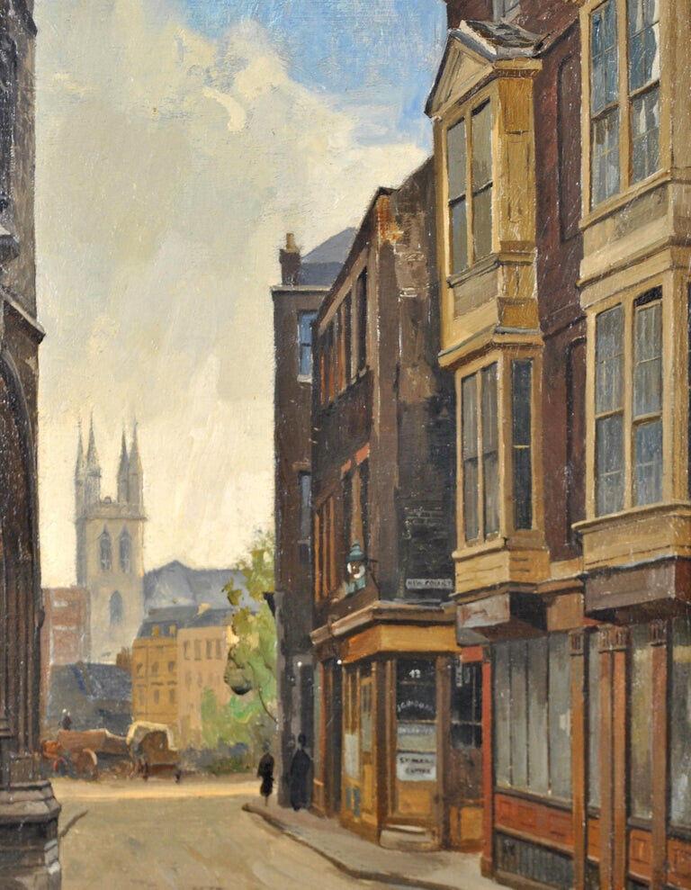 Cloth Fair - City of London Pre-War English Street Scene Oil on Board Painting For Sale 1