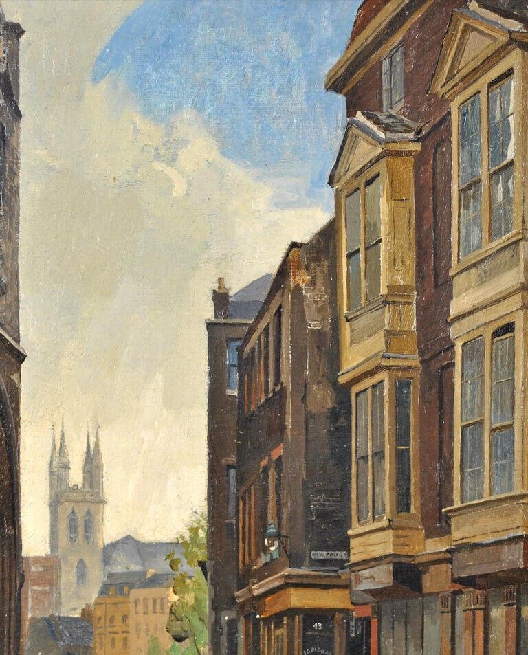Une belle huile sur carton de Rex Vicat Cole, datant de 1935, qui représente une vue d'avant-guerre de Cloth Fair, près de West Smithfield et de l'hôpital St. Bartholomews, dans la ville de Londres.  L'atelier de gravure de John George Glover se