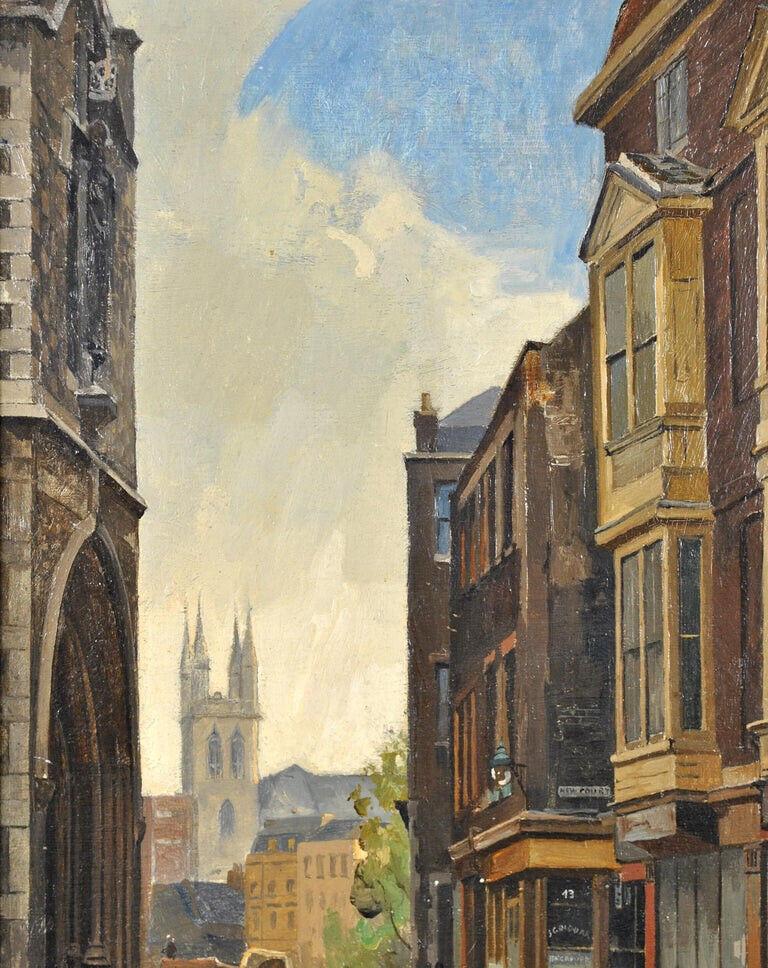 Cloth Fair - City of London Pre-War Englische Straßenszene, Öl auf Karton, Gemälde im Angebot 2