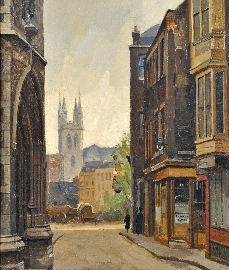 Cloth Fair - City of London Pre-War Englische Straßenszene, Öl auf Karton, Gemälde im Angebot 3