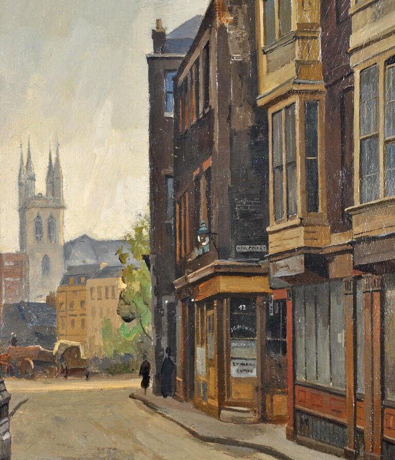 Cloth Fair - City of London Pre-War Englische Straßenszene, Öl auf Karton, Gemälde im Angebot 4