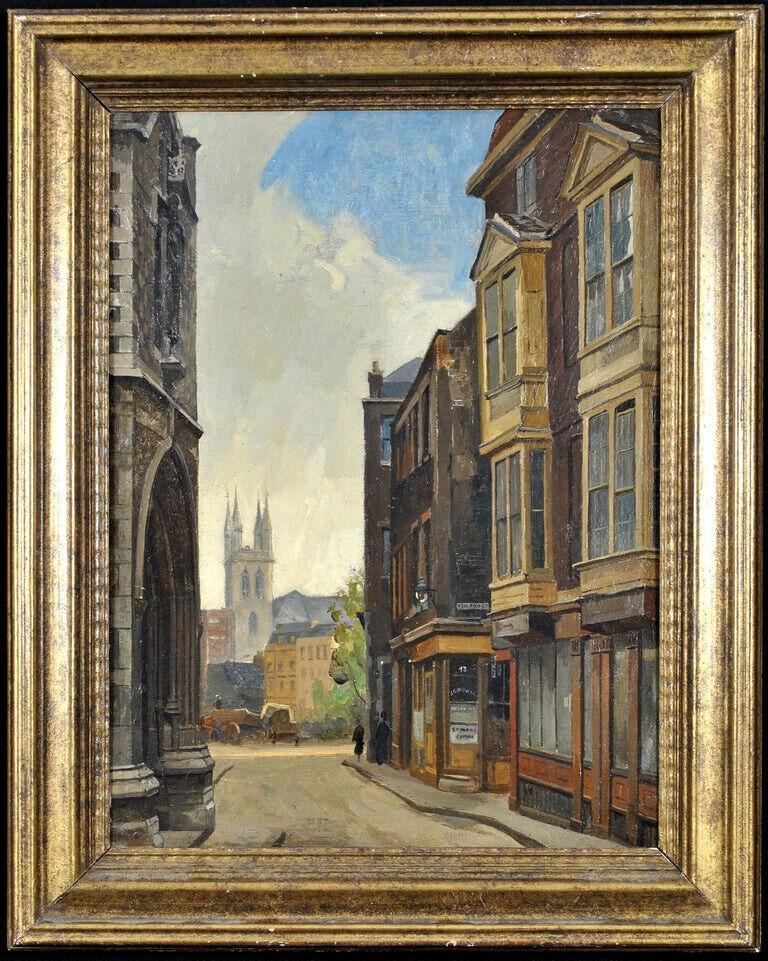 Landscape Painting Rex Vicat Cole - Cloth Fair - City of London Pre-War - Scène de rue anglaise Huile sur panneau